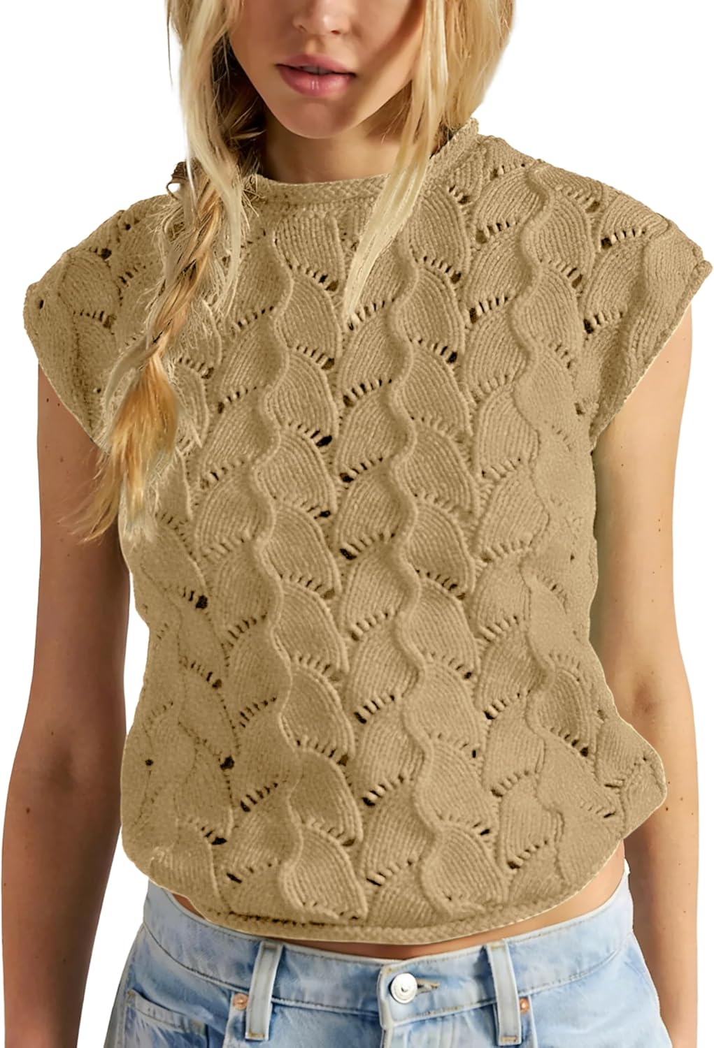 Women Casual Crochet Knit Tank Tops Cap Sleeve Mock Neck Vest Summer Cropped Blouse