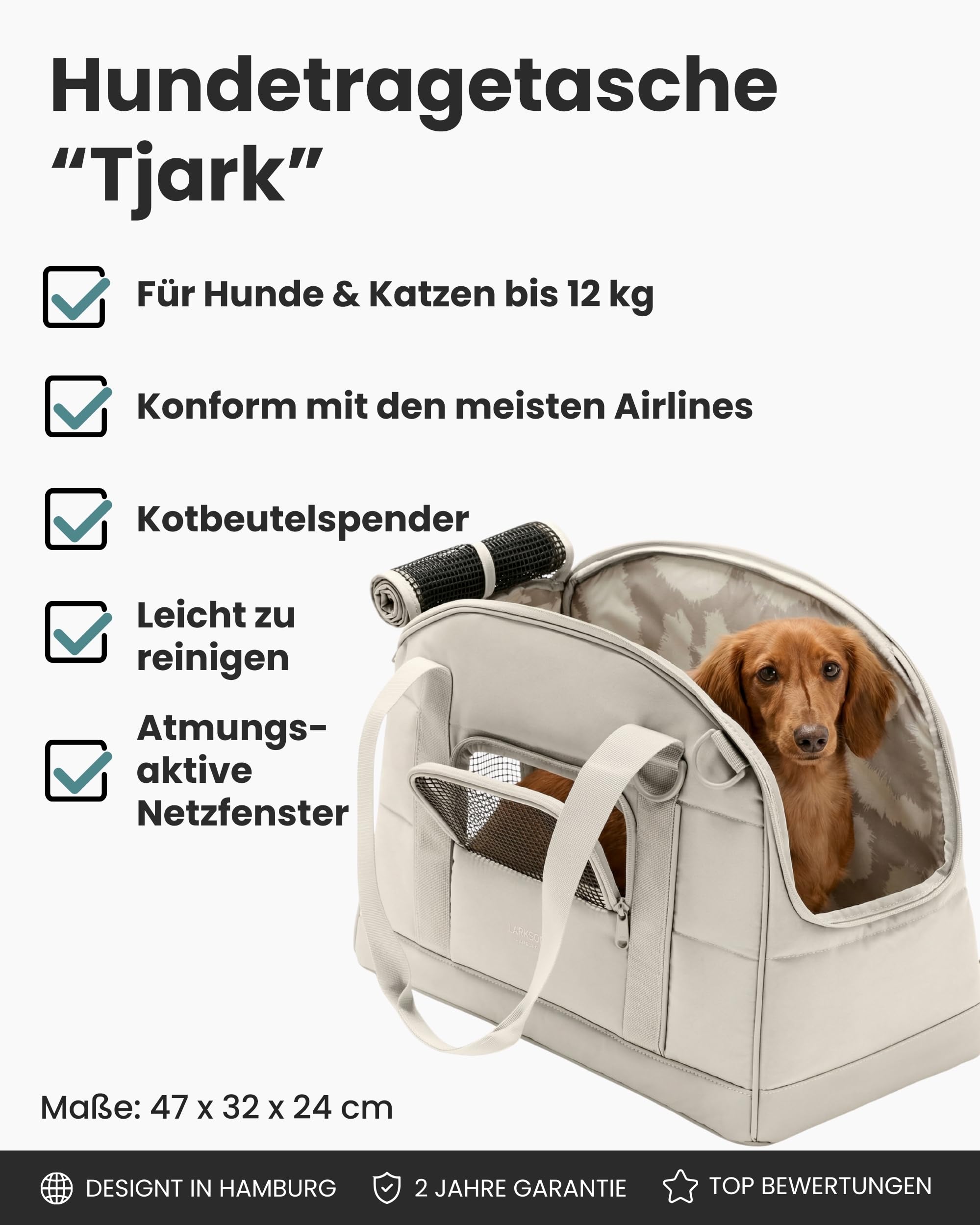 Larkson Hundetransportbox für Kleine Hunde bis 12kg Beige - Tjark - Hundetasche fürs Flugzeug - Transporttasche für Reisen mit Hund & Katze - Entspricht Vorgaben der meisten Airlines