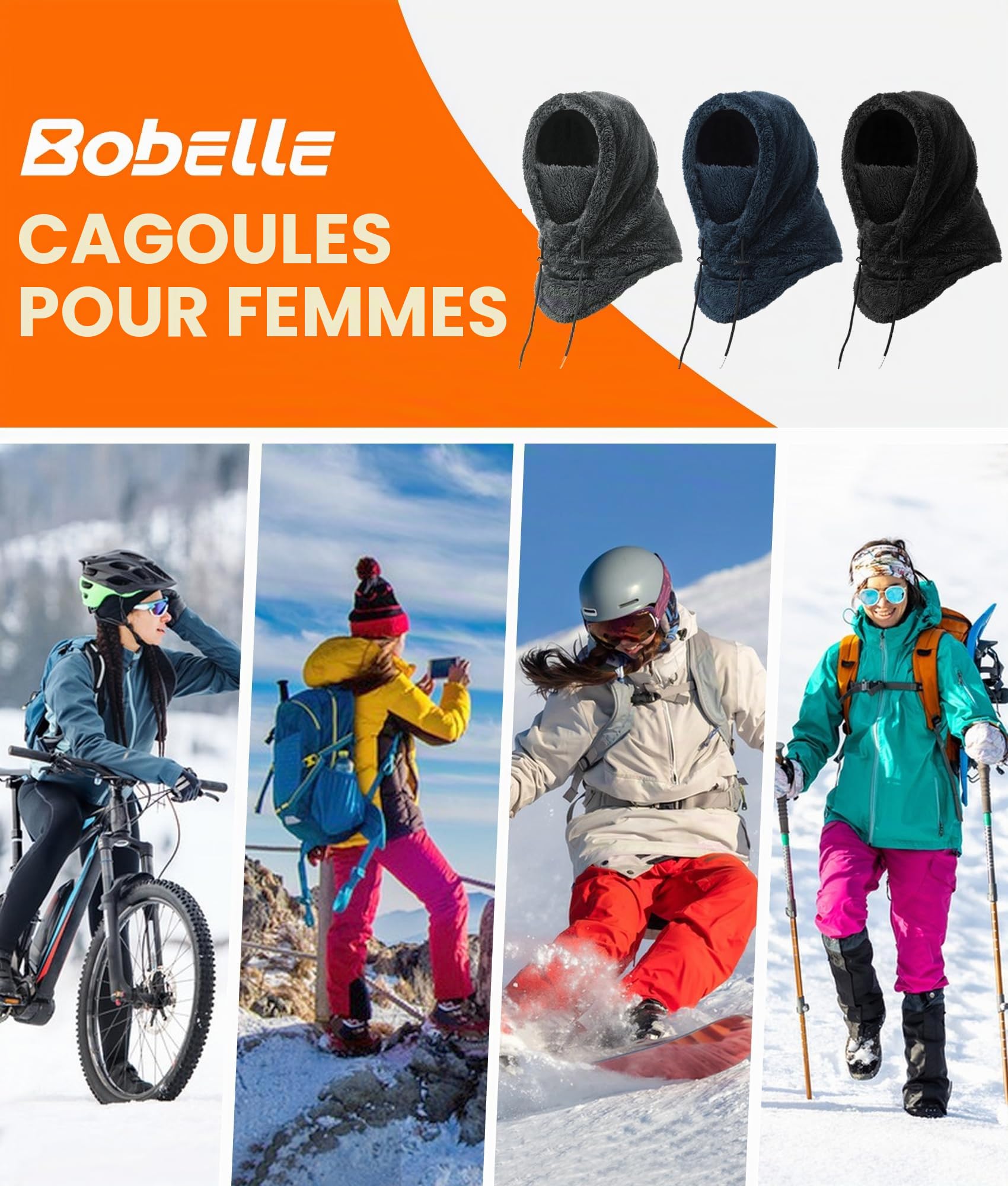 Cagoule en peluche pour femme - Pour l'hiver - Chaude - En polaire thermique - Pour le ski et le cyclisme