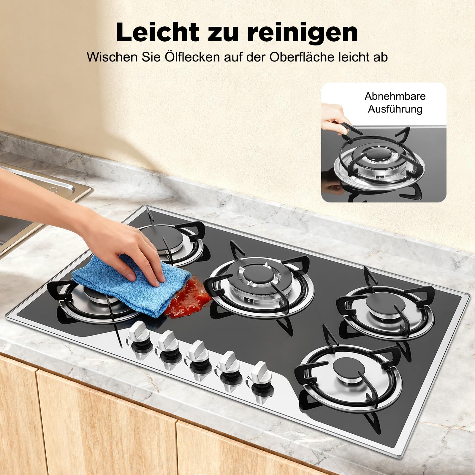 Kuchenka gazowa z 5 palnikami, do zabudowy, szkło, 5 płyt gazowych, gaz propan, regulacja ognia 180°, stal nierdzewna, kuchenka gazowa do zabudowy, kuchenka gazowa z stelażem, LPG, gaz ziemny, 77,5 x