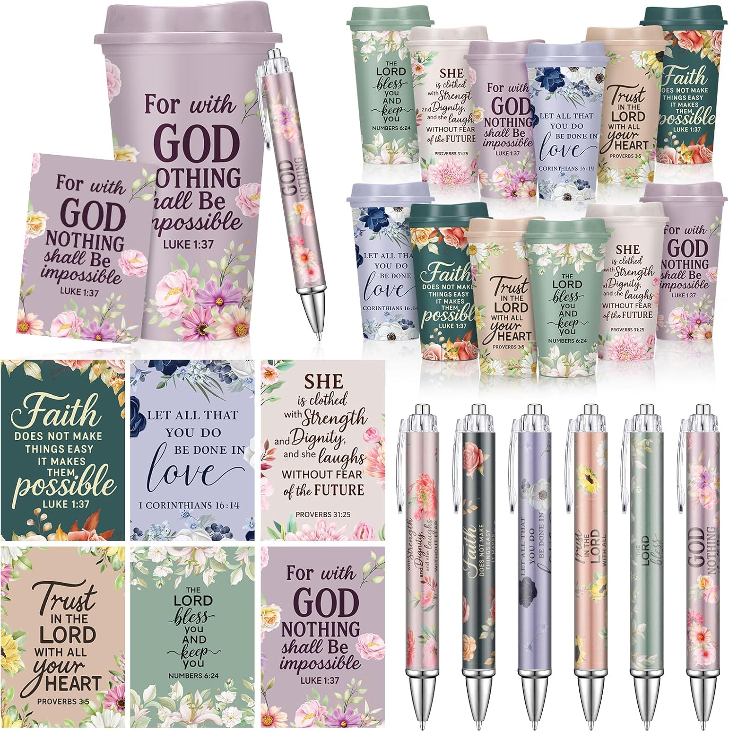 Skylety 36 Pcs Christian Employee Appreciation Gifts Bulk for Women Men 16 oz Reusable Plastic Religious Tumblers with Lids Scripture Coffee Cups Pens Notebooks for Birthday Church Party Favors