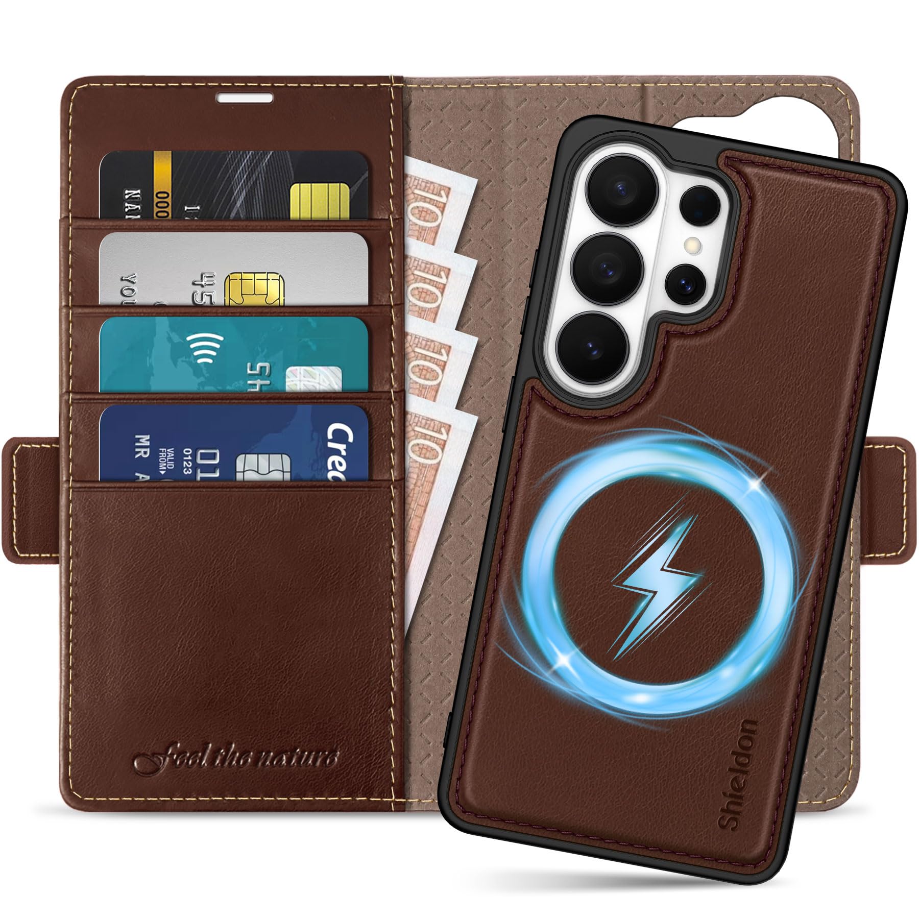 SHIELDON Genuine Leather Detachable Wallet Case for S26 Ultra 6.9-inch 5G 2026, Magnetic Wireless Charging, RFID Blocking, Card Holder, Kickstand, Protective Removable Phone Cover - Retro Coffee