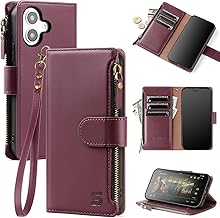 Compatible with iPhone 16 Wallet Case with Card Holder,Women Men RFID Blocking PU Leather Flip Cover Wrist Strap Zipper Credit Card Slots,Phone Case for Apple 16 6.1",Wine Red