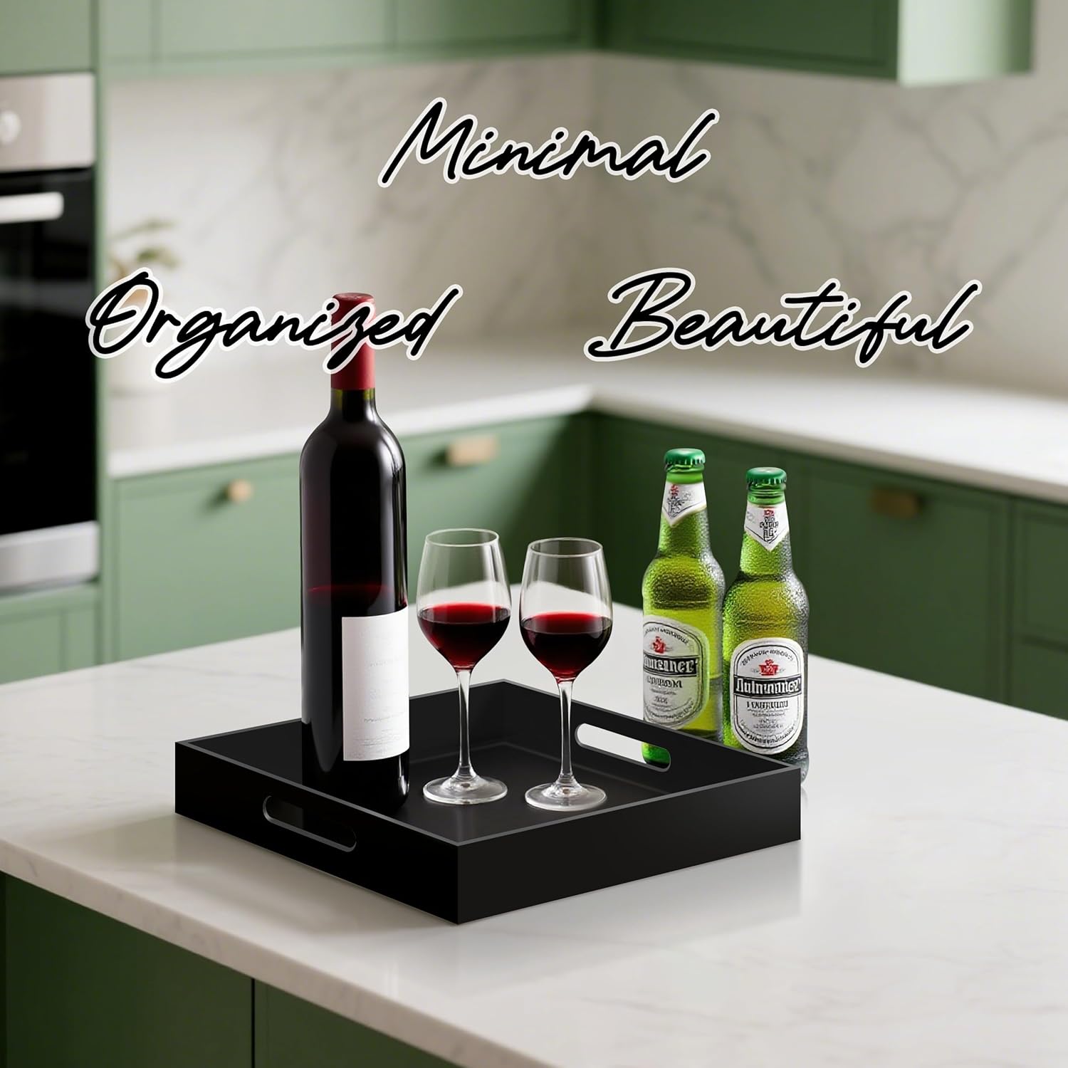 Glossy Black Acrylic Serving Tray with Handles-Butler Trays for Coffee Table, Snacks,Breakfast in Bed, Kitchen Countertop,Vanity,Makeup Organizer,Ottoman (Black, 12x12 Inches) - Image 2