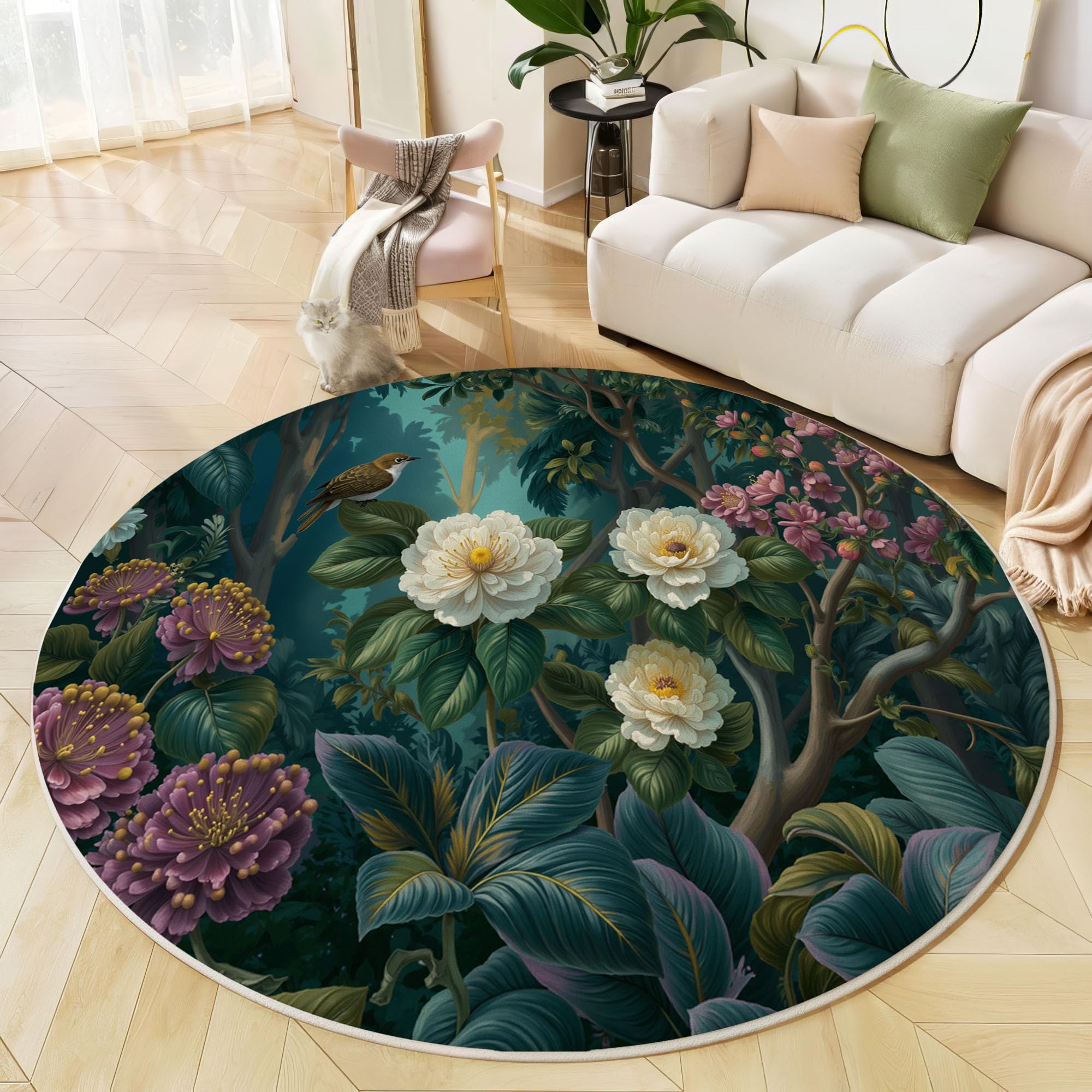 Tapis salon rond poil ras 200 cm motif forêt tropicale fleurie
