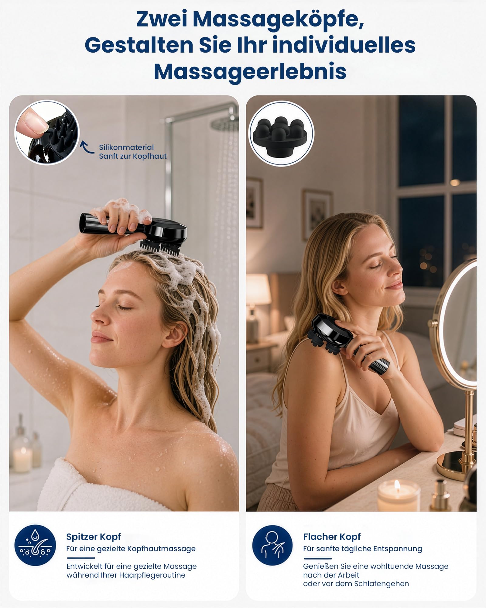 COMFIER Handheld Kabelloses Kopfmassagegerät, Elektrisches Kopfhaut-Massagegerät mit 3 Modi, 8 Silikonköpfen, IPX7 wasserdicht, zur Haarwachstumsförderung & Entspannung, Schwarz