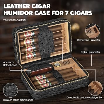 Scotte Cigar Humidor Box, Cigar Lighter Cedar Wood Lined Leather Cigar Case Built in Hygrometer & Humidifier, Torch Lighter with Cigar Holder Cigar Punch Portable Travel Cigar Humidor Kit (Black)