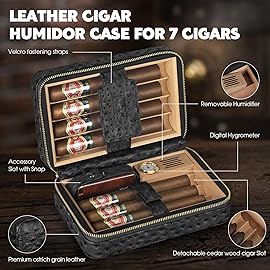 Scotte Cigar Humidor Box, Cigar Lighter Cedar Wood Lined Leather Cigar Case Built in Hygrometer & Humidifier, Torch Lighter with Cigar Holder Cigar Punch Portable Travel Cigar Humidor Kit (Black)