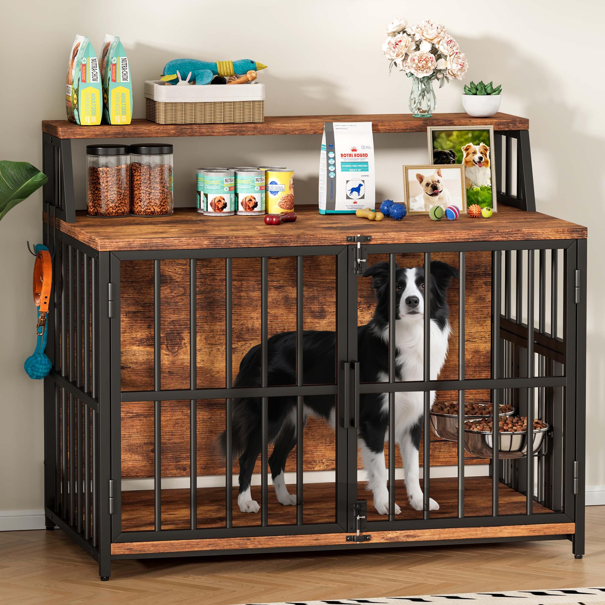 Gabbia per cani per la casa, 100 x 60 x 85 cm, gabbia per cani in legno con ciotole orientabili, cuccia in stile mobili con spazio per cani fino a 35 kg