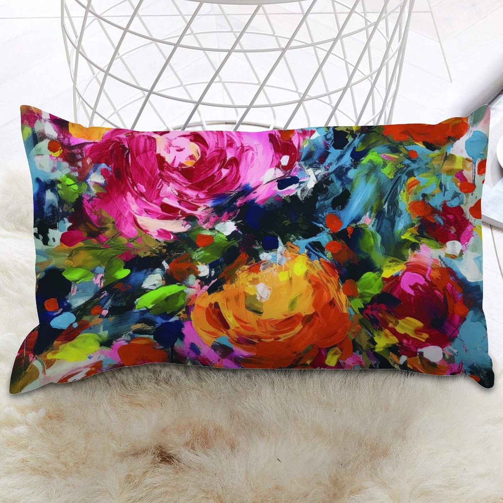 Bright Floral Pink Rose Dorm Lumbar Pillow Cover Blooms Flower Painting Pillow Covers Pillow Cover Modern Decorative Cushion Covers Home Decor For Home Decor Sofa Bedroom Car 20x30 IN