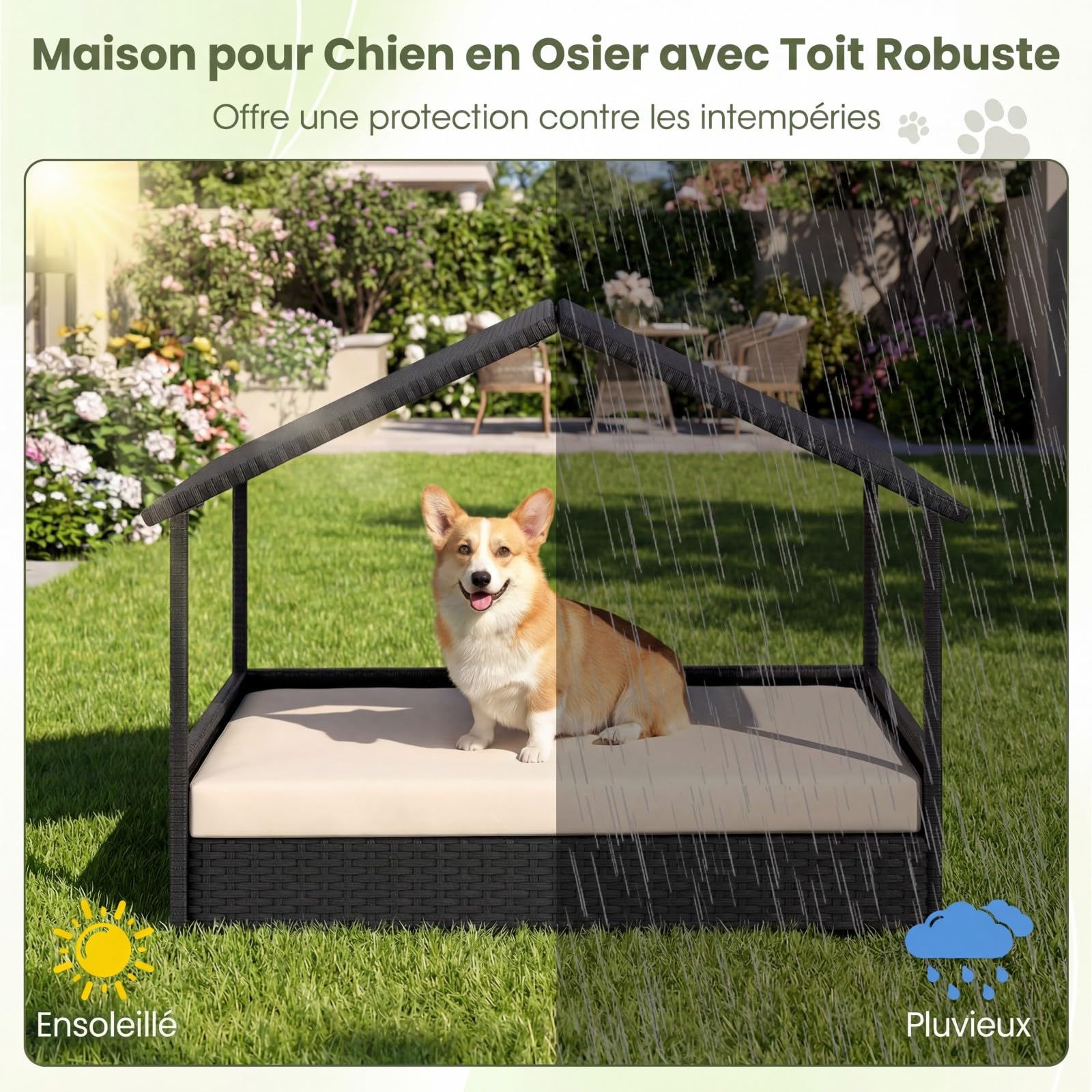 COSTWAY Niche pour Chien Exterieur Interieur en Rotin PE, Coussin Amovible, Charge 60 kg, Chenil pour Chien Exterieur, Cadre en Métal, Base Surélevé, pour Petits&Moyens, 98 x 69 x 74 cm (Beige)