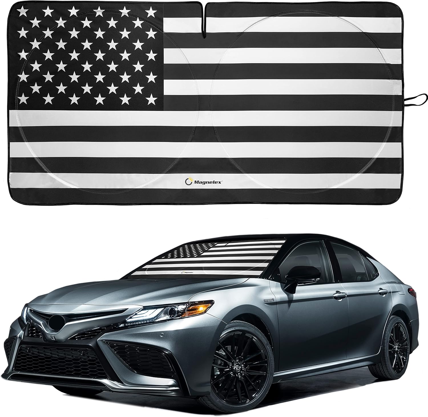 American Flag Windshield Sun Shade, High-Resolution Car Sun Shield with Mirror Cut-Out for Automotive Interior Sun and Heat Protection, Folding Car Sunshade with Storage Bag - Large, Black & White USA B&W Flag Large