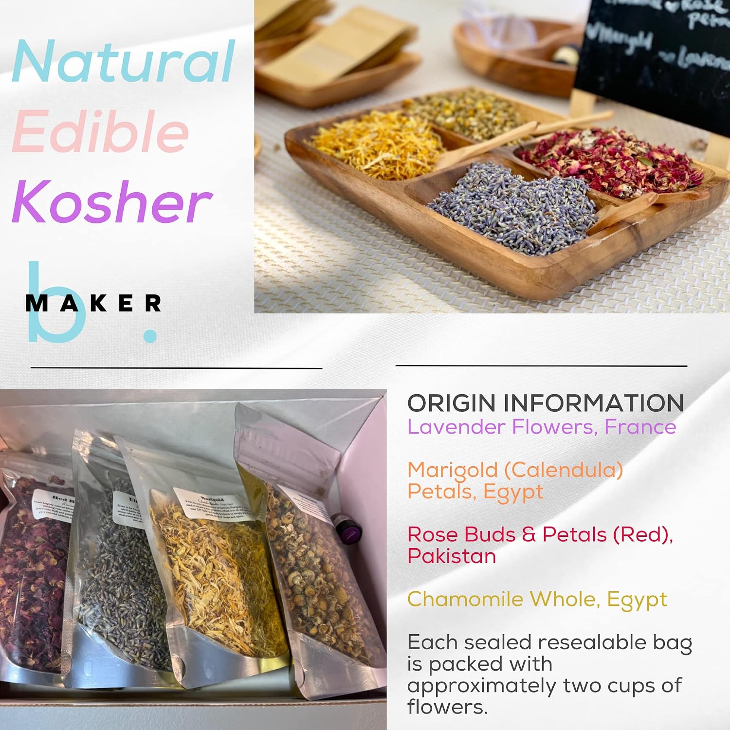 bMAKER Bulk Flower Kit Chamomile - Ultra Blue Lavender, Red Rose Buds & Petals, Marigold - 2 Cup Each Packet- Included Lavender Essential Oil