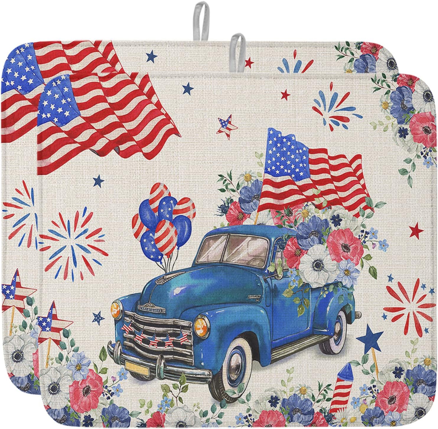 4th of July Dish Drying Mat for Kitchen Counter American Flag Truck Drying Pad Absorbent Drying Mats for Countertops Sinks Draining Racks Patriotic Poppy Floral Drainer Independence Day Decor 18x24