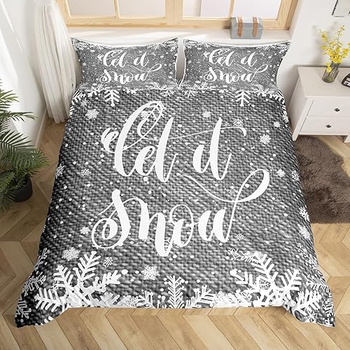 Miniatura 1 de Juego de ropa de cama de copo de nieve de Navidad, tamaño King, juego de funda de edredón con estampado a cuadros vintage gris de 3 piezas para