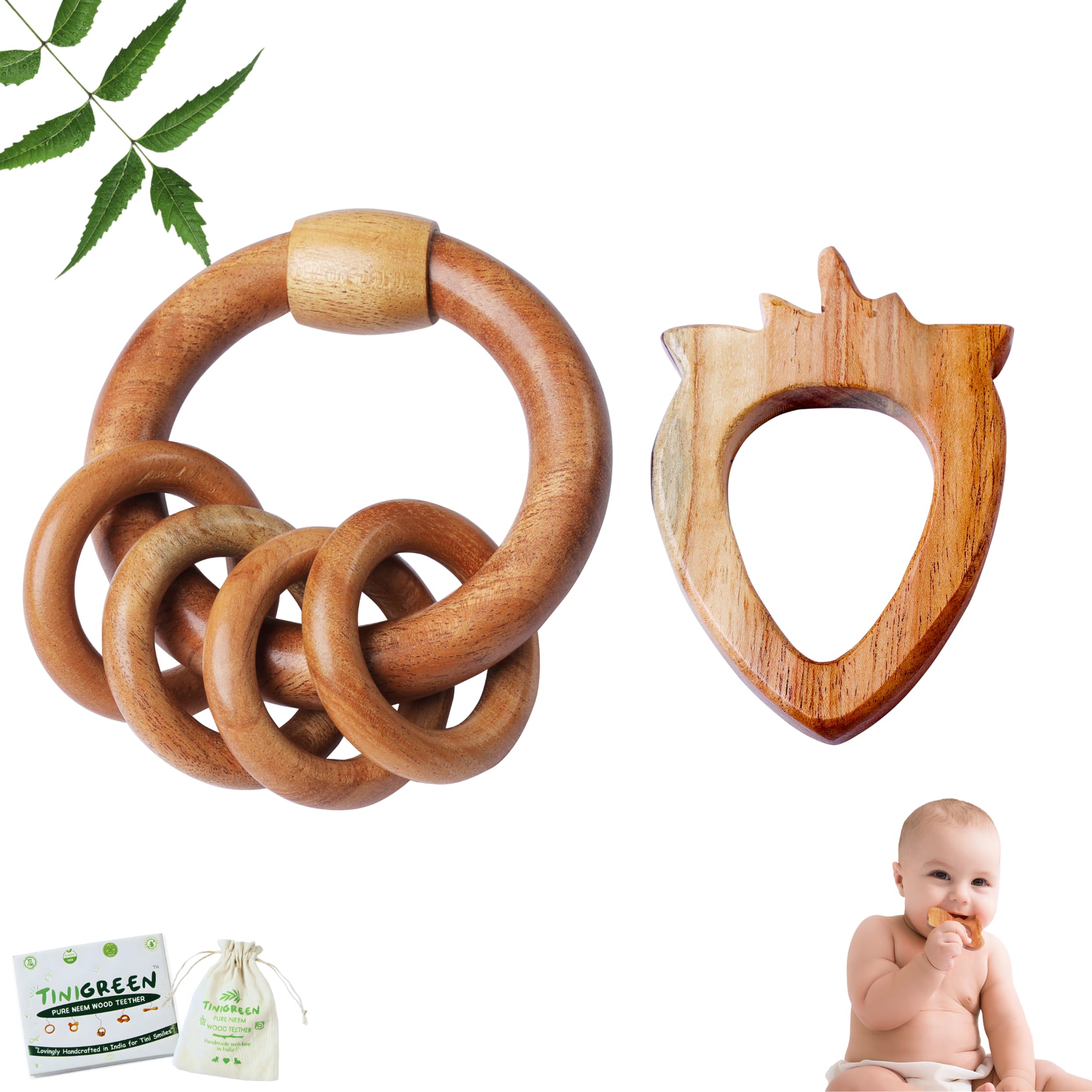 Neem Wooden Baby Teether Strawberry & Rattle Shape Organic Neem Wood Teething Toy for Infants 3–12 Months Handcrafted Natural Baby Teether (Pack of 2)-image-39