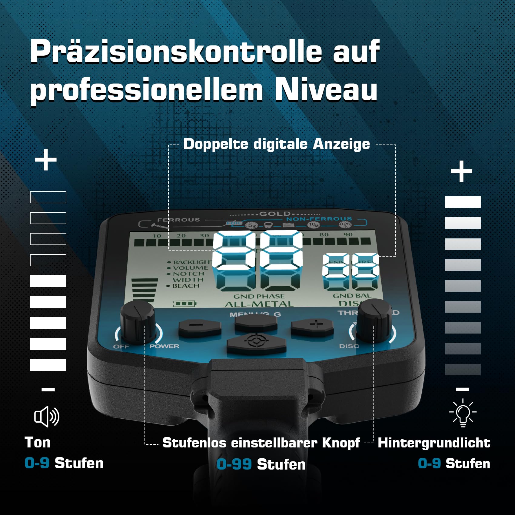 DR.ÖTEK Metalldetektor Profi Set für Erwachsene, Hochpräziser Metalldetektor mit Bodenausgleich, 5 Modi, 12" wasserdichte Double-D Spule, Gold Detektor für Strandjagd, mit Zubehör, Blau