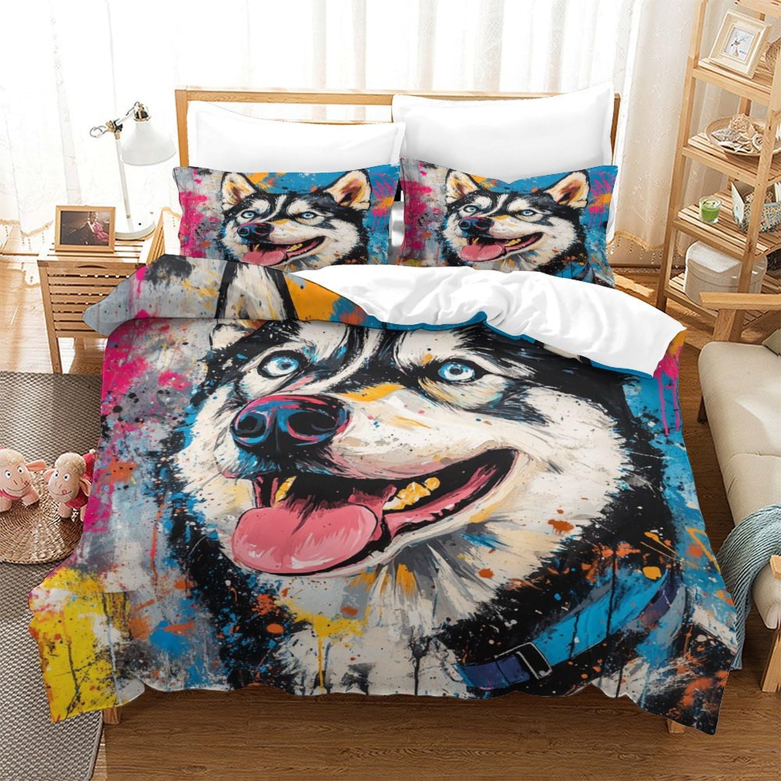VFKLZCNYR Siberian Husky Duvet Cover 3 PCS Hotel Quality Quilt Cover Bedding Bed Covers with Pillowcases with Zipper Closure Ultra Soft Anti Allergic Microfiber Double（200x200cm）