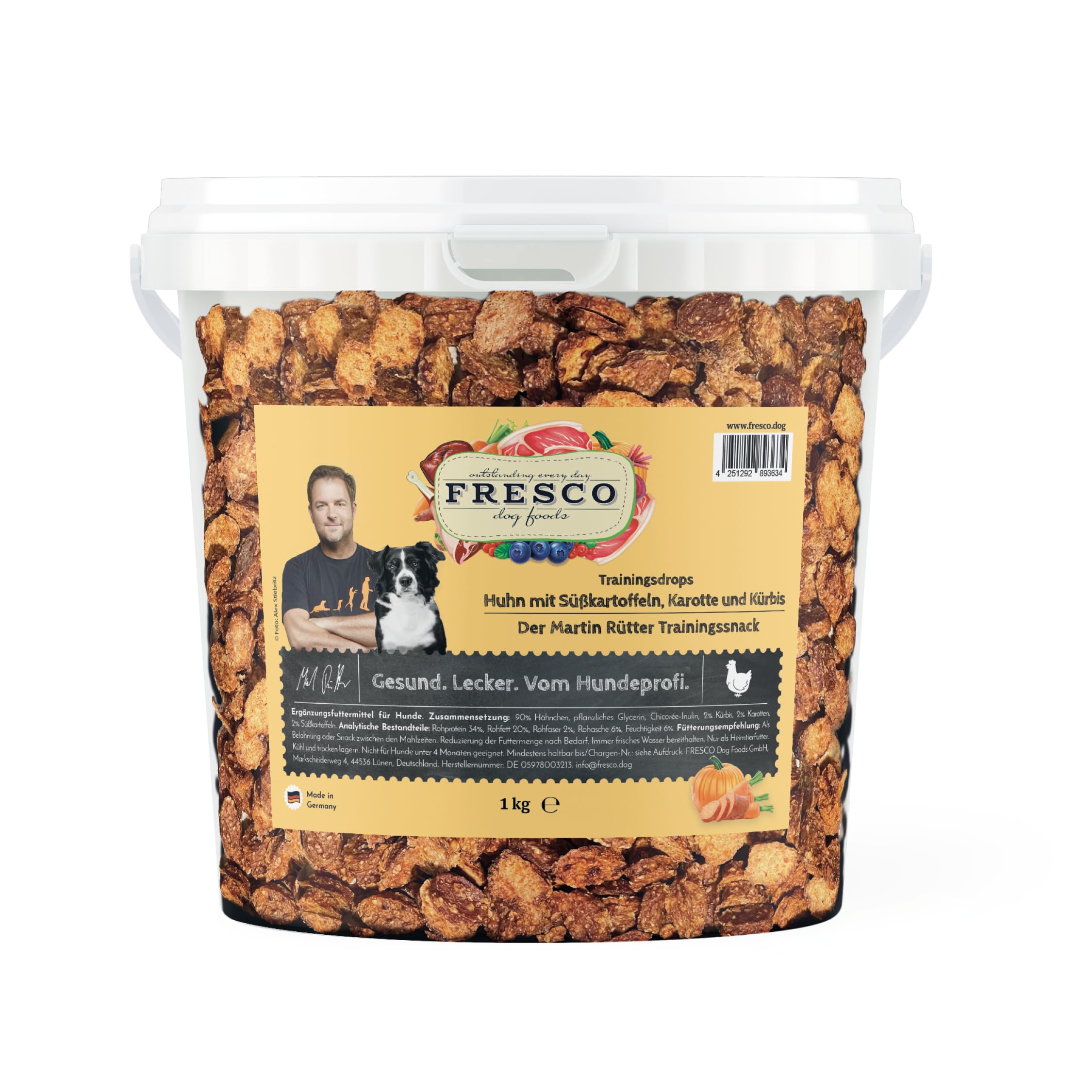 FRESCO Dog Martin Rütter Trainingsdrops Huhn mit Süßkartoffeln, Karotte und Kürbis 1kg Eimer | getreidefreie Leckerlis für Hunde | gesund & natürlich