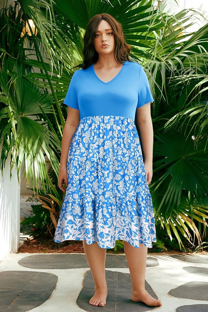 THICK CORD CUT DRESS ブルー Mサイズ Final Sale Plus Size Short Sleeve Deep Scoop Neck Maxi Dress