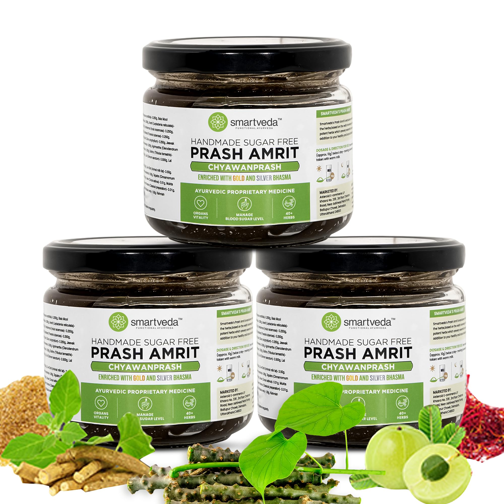 Prash Amrit Chyawanprash Sugar Free | Ayurvedic Blend of 40+ Organic Herbs | Helps Manage Blood Sugar Level | Immunity, Stamina & Strength Booster | Small Batches, Glass Jar (250 pack of 3)