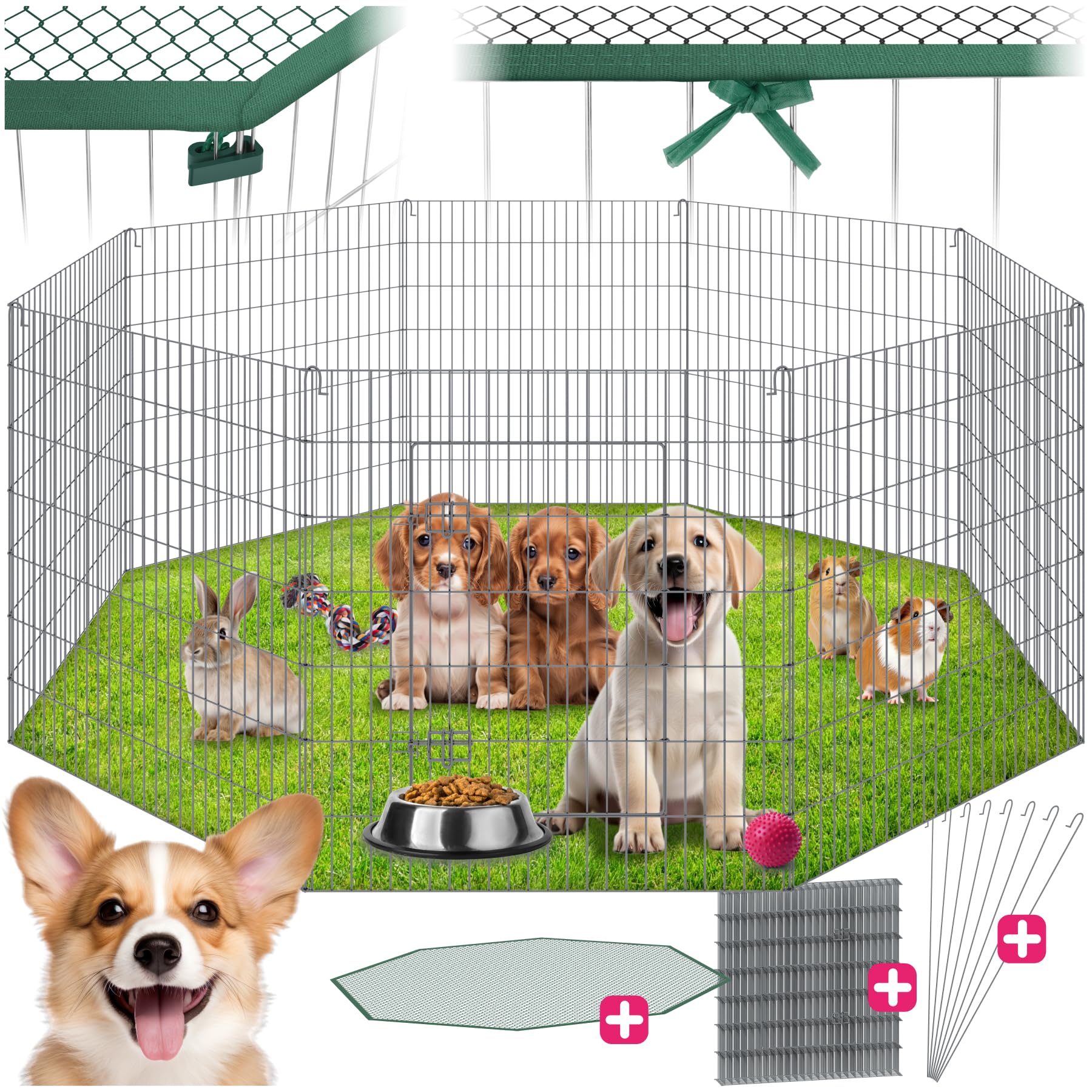 Parque para Perros con 8 Piezas de Rejilla, Puerta de Seguridad Doble Cierre, Vallas para Perros, Red de Seguridad incluida, Cercado Ampliable - 204 x 204 x 73 cm