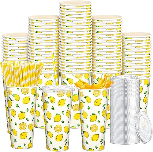 Tessco 150 piezas50 juegos de vasos de limonada con tapas y pajitas de papel, taza de papel desechable de 12 onzas para café helado, tazas de papel