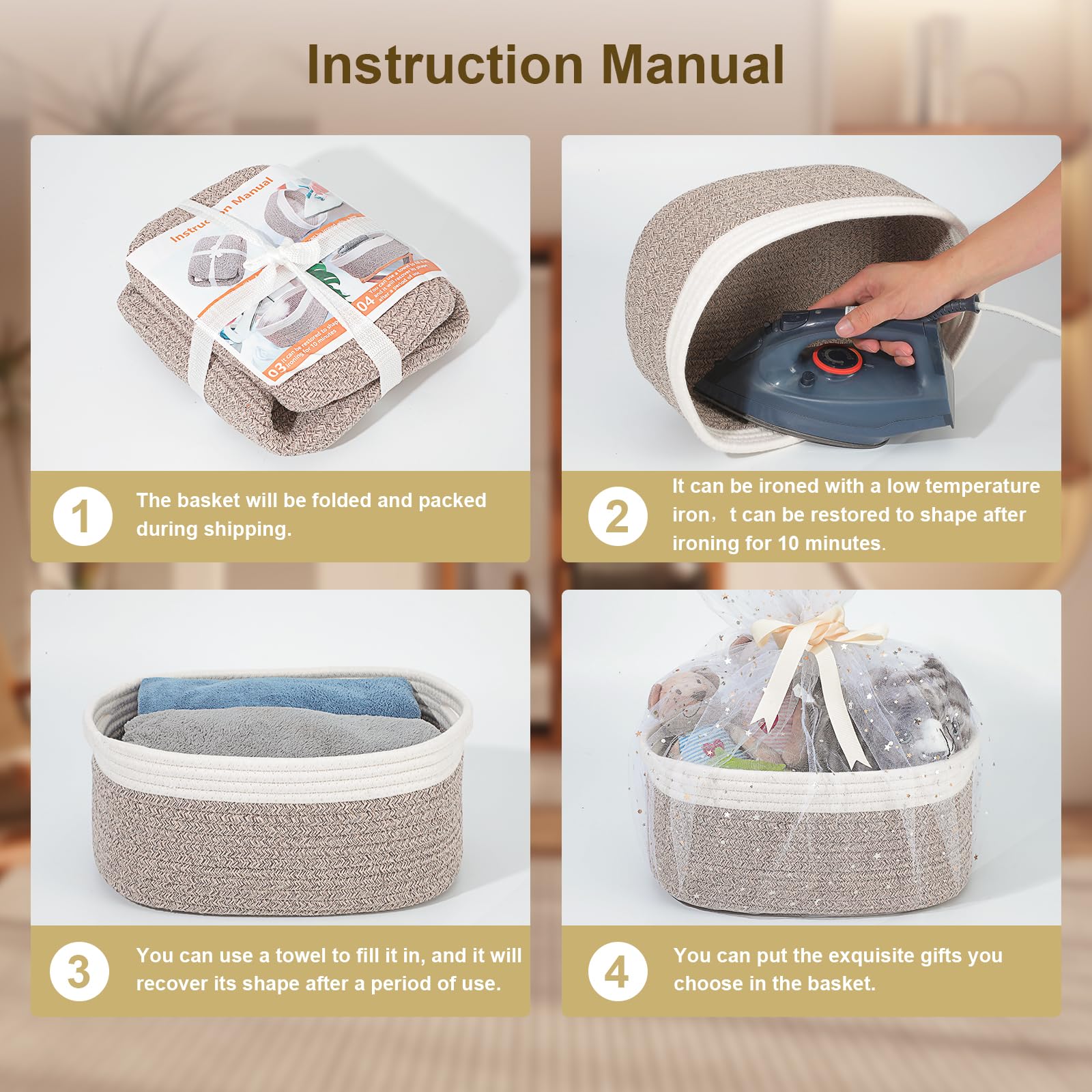 HDRNT Set di 4 cestini portaoggetti intrecciati in corda di cotone, cestino con manico, portaoggetti impilabili, cestini e contenitori per la cameretta dei bambini, organizer da bagno