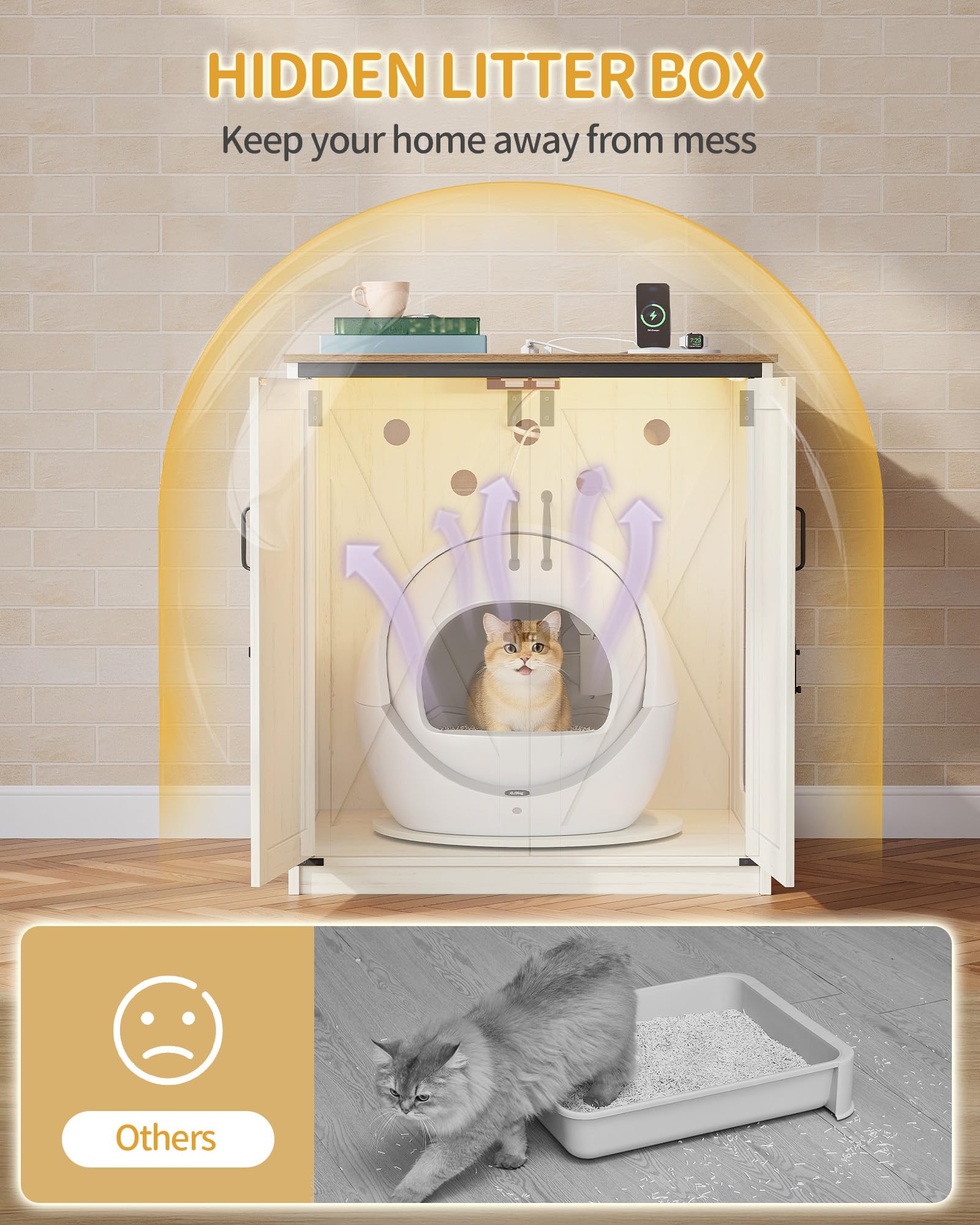 Hzuaneri Mueble Arenero Gato Grande, Caseta Madera Escondite Arenero para Arenero Autolimpiante con Plataforma Giratoria y Estación de Carga, con Cerradura, 82x70x90cm, Marrón Vintage y Blanco