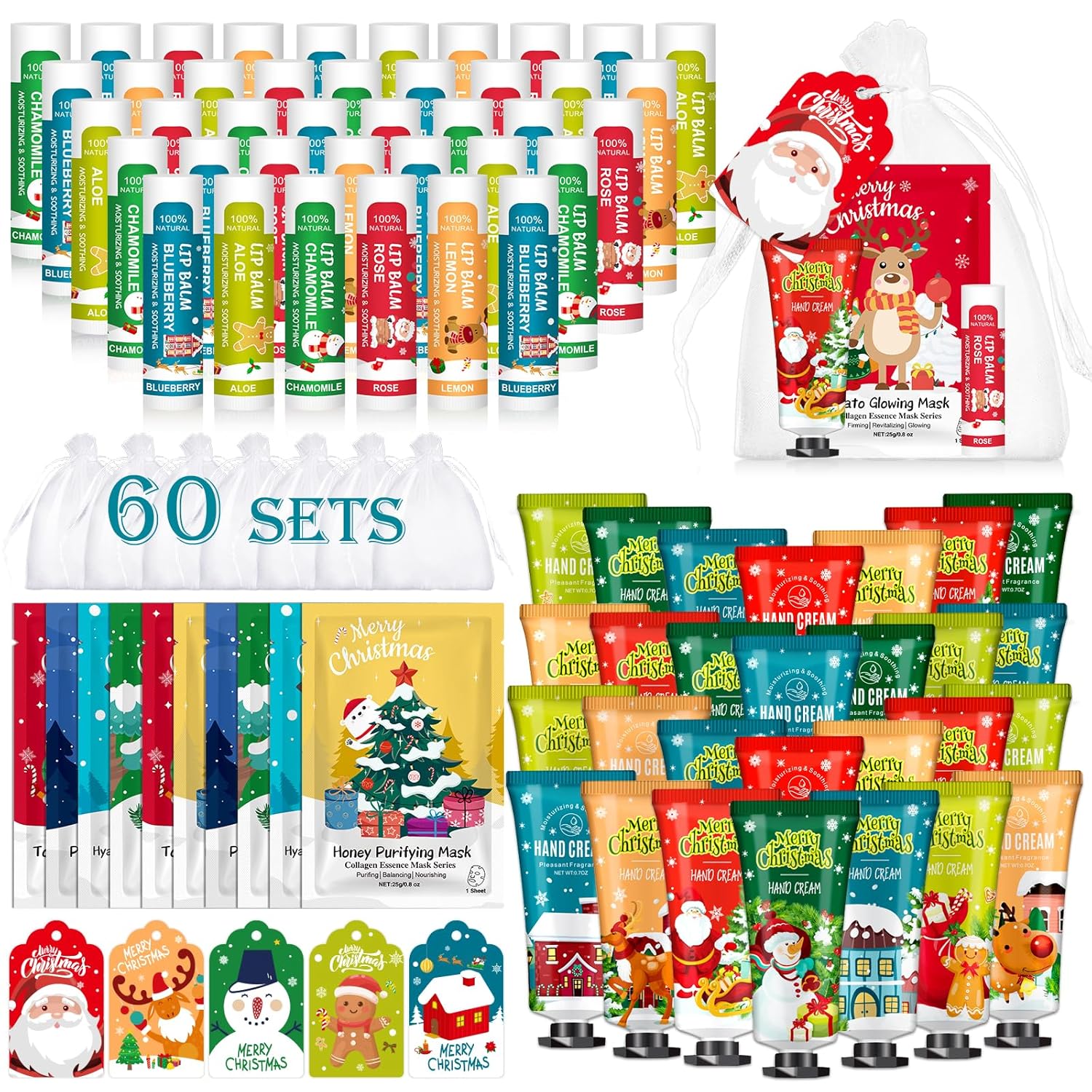 60 Pack Christmas Hand Cream, Facial Mask and Lip Balm Set, Stocking Stuffers for Women, Bulk Christmas Gifts for Coworkers, Party Supplies, Spa Party Favors and Decorations 60 Pack Christmas Facial Mask Hand Cream and Lip Balm INCOMPLETE 