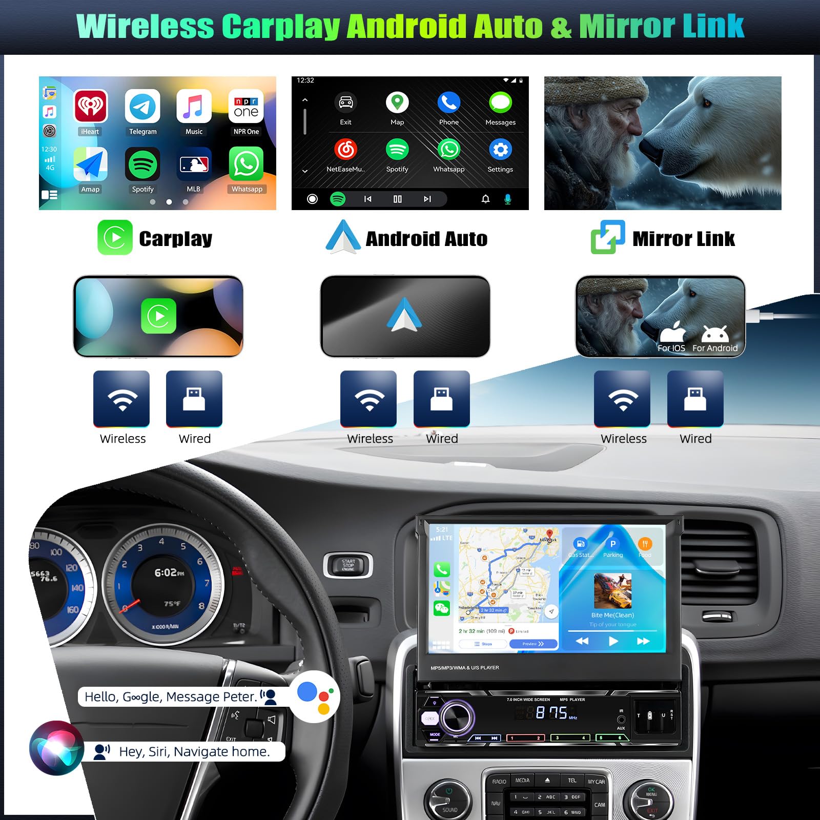 CAMECHO Autoradio 1 DIN con Carplay Inalámbrico, 7 Pulgadas Bluetooth Radio Manual Pantalla Extensible con Android Auto Mirror Link FM/Am RDS Control del Volante USB/AUX +Cámara Trasera