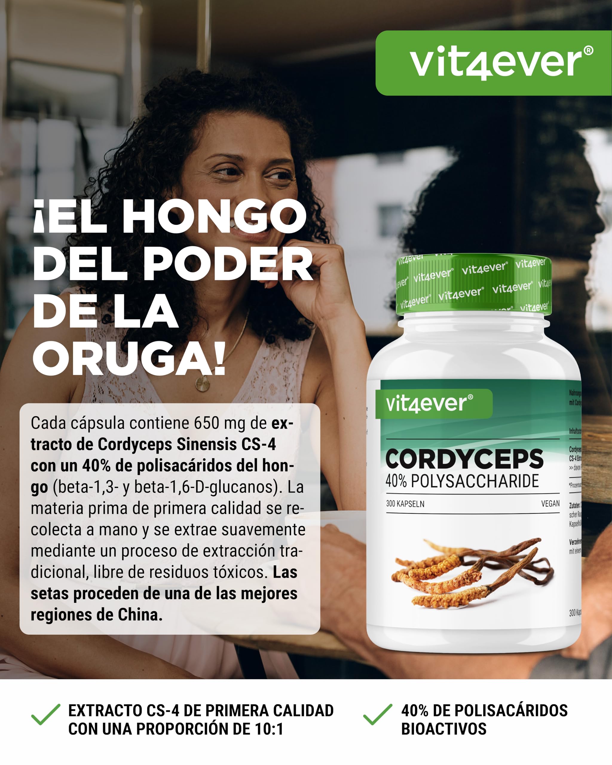Cordyceps mushroom - 300 cápsulas con 650 mg de extracto real CS-4-40% polisacáridos bioactivos - alta dosis - hongo oruga - vegano