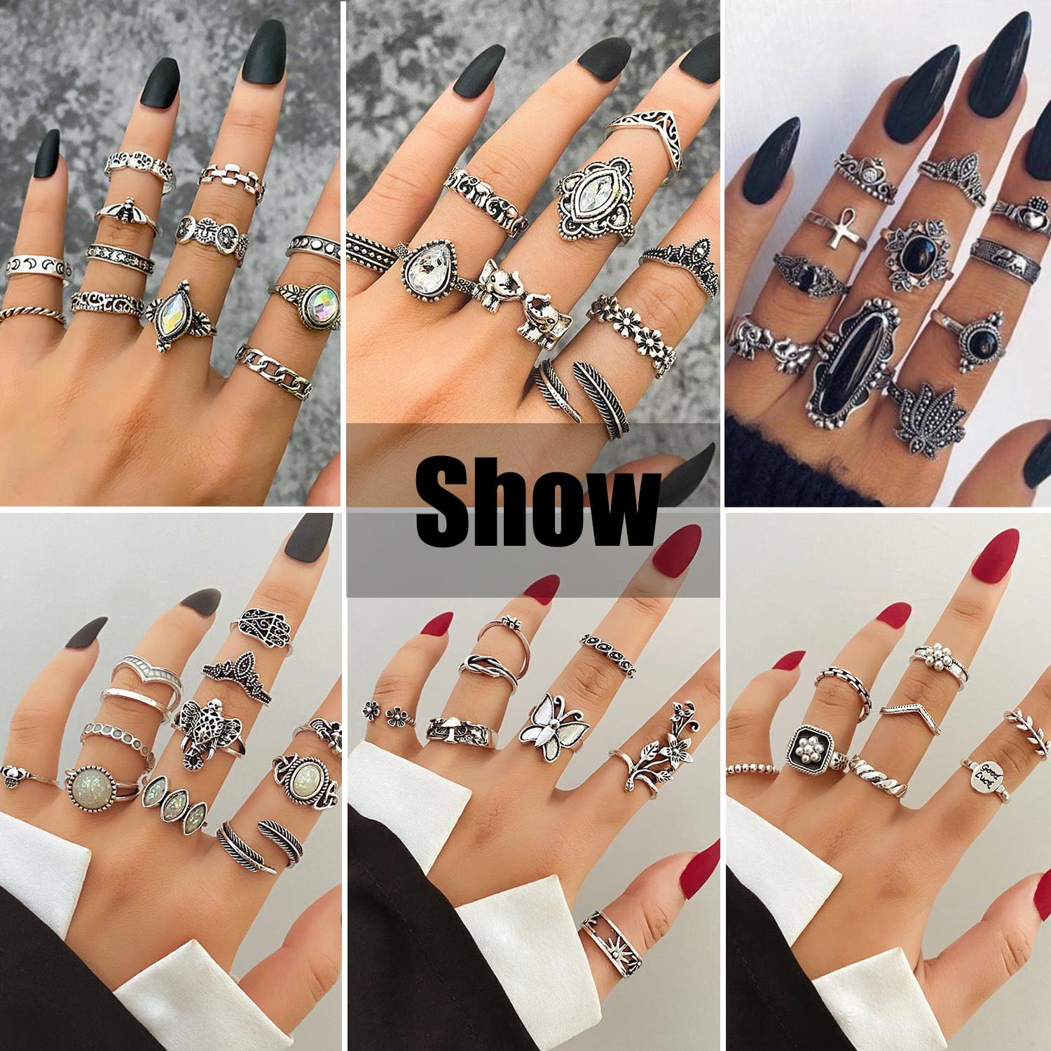 17IF Vintage Silver Knuckle Rings Set for Women Men, Chunky Rings Aesthetic Snake Grunge Stackable Gothic Ring Adjustable Y2K Punk Bulky Boho Finger Alt of Rings, Stacking Fairy Skull Frog Heart Star Flower Midi Ring Pack