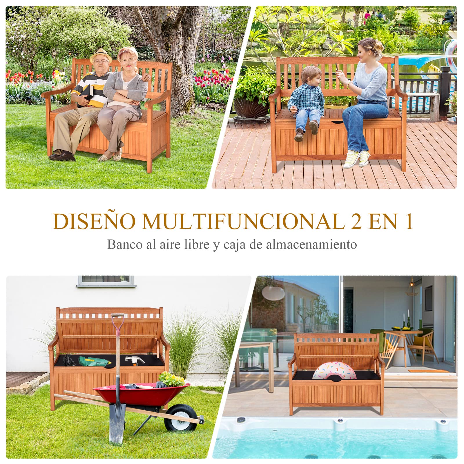 GOPLUS Banco de Jardín con Almacenamiento y Respaldo Ergonómico | Banco Exterior para 2 Plazas, Asiento Cómodo, Banco de Intemperie para Terrazas, Balcones y Patios, 107 x 59 x 90cm
