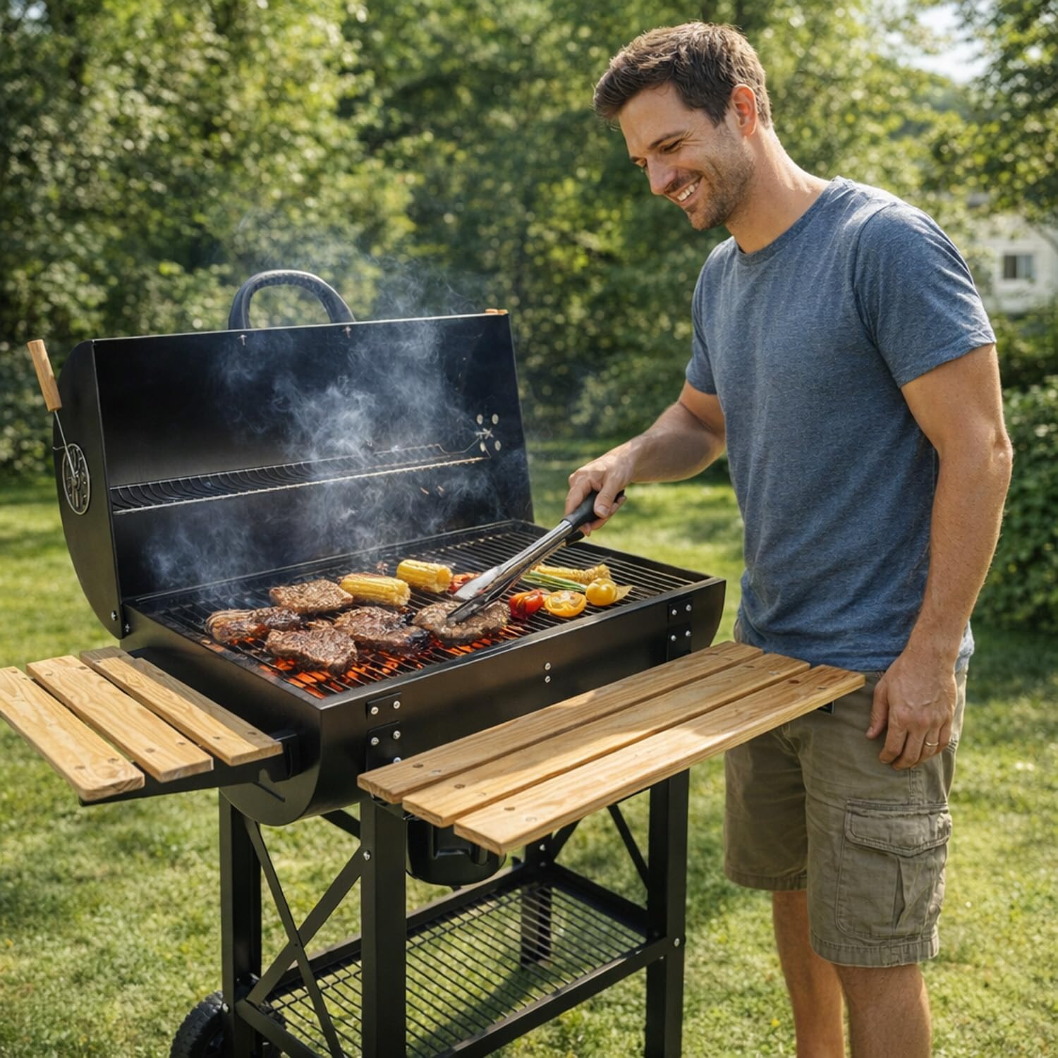 Barbecue A Carbone Con Coperchio E Ripiani Laterali BBQ Grill Da Giardino Con Griglia Rialzata Scaldavivande Struttura In Acciaio Ruote E Cassetto Raccogli Cenere 110 x 70.5 x 101.5 Cm Nero