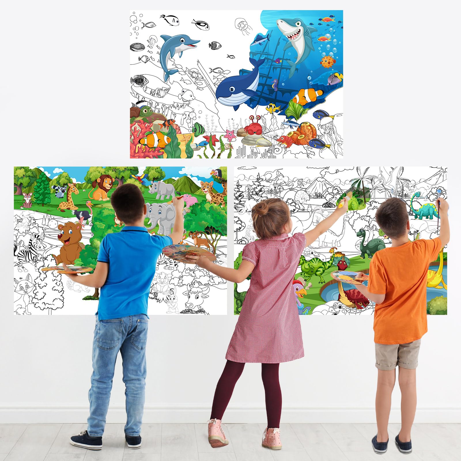 Patelai 3 Set Jumbo Giant Coloring Poster 45 x 31.5 Inch Large Table Wall Coloring Sheets with Zoo Animal, Ocean Creature, Dinosaur Theme Huge Giant Coloring Pages Poster for Art Activity