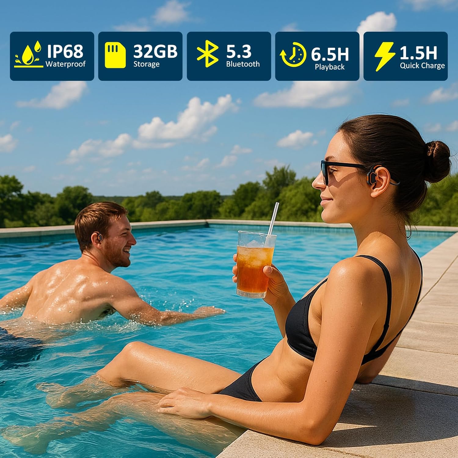 Bone Conduction Swimming Headphones – IP68 Waterproof Open-Ear Bluetooth 5.3 with 32GB MP3 Player, Underwater Swim Headset for Pool Training, Orange - Image 7