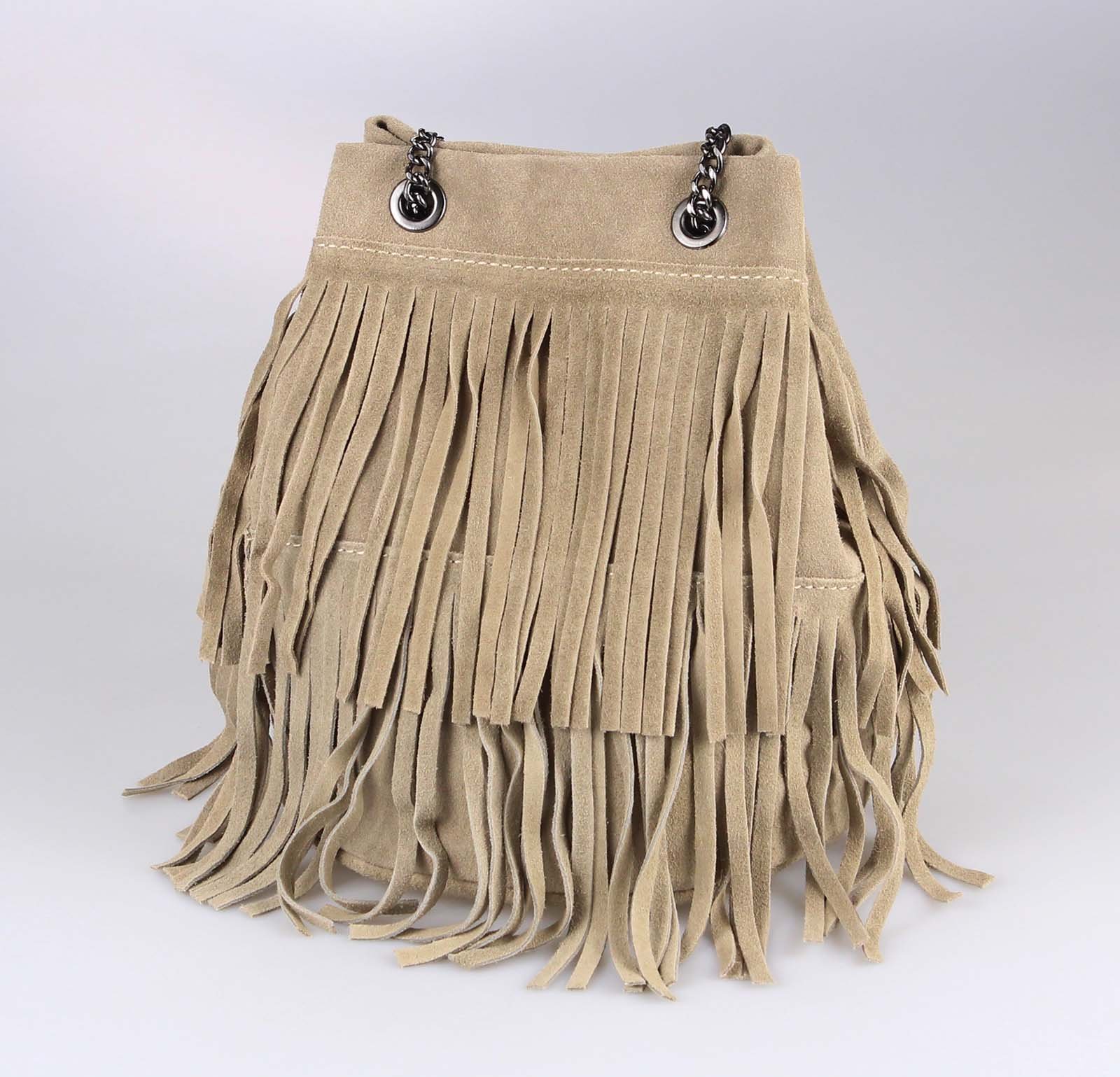OBC Made in Italy Damen Leder Tasche Fransen Shopper Kettentasche Beutel Wildleder Handtasche Umhängetasche Bucket Bag Schultertasche Ledertasche (Taupe 20x25x19 cm)