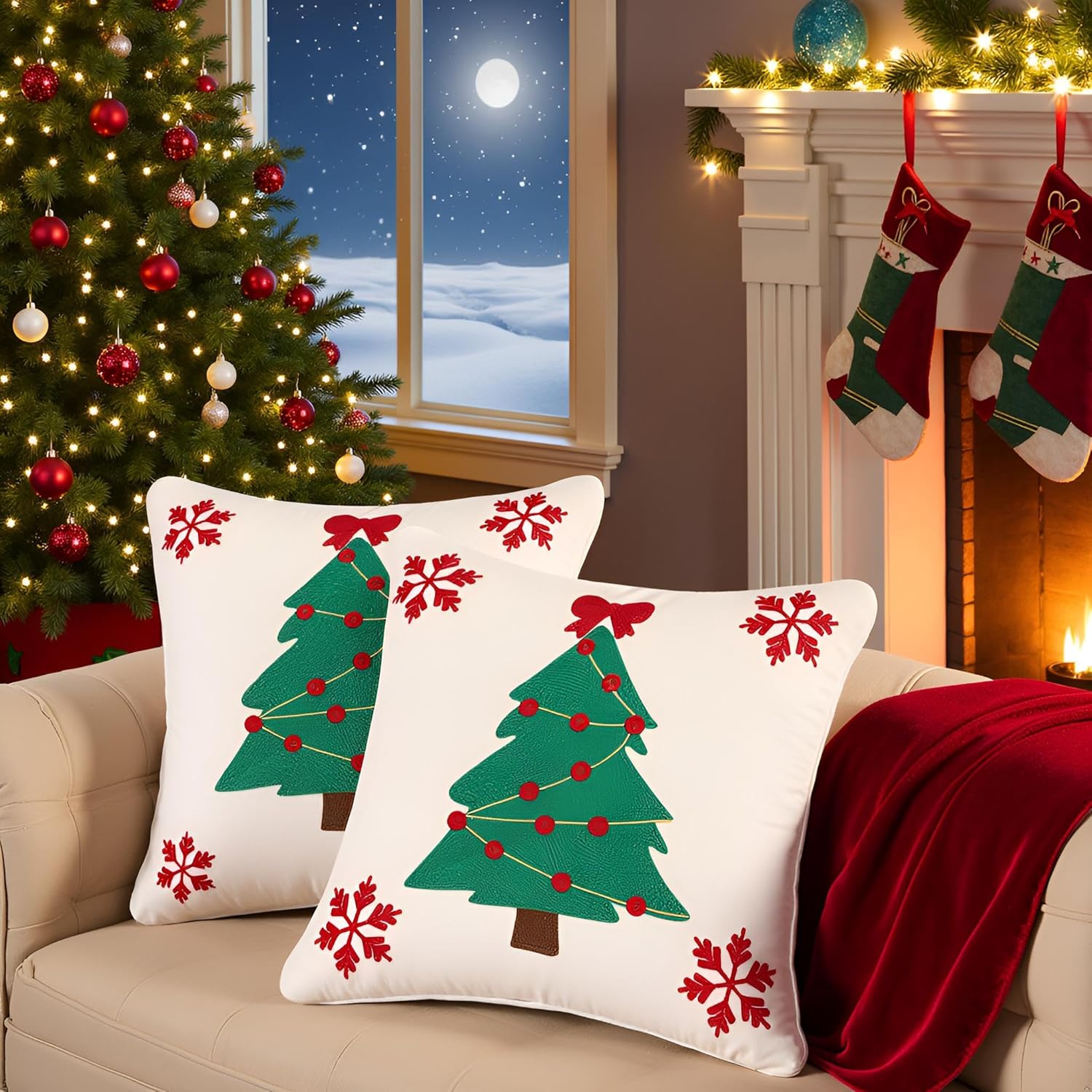 Christmas Snowflake Pillow Covers 18 x 18 inch Set of 2 Green Xmas Tree with Bow Throw Pillow Covers Christmas Party Decor Winter Holiday Velvet Embroidery Cushion Cases