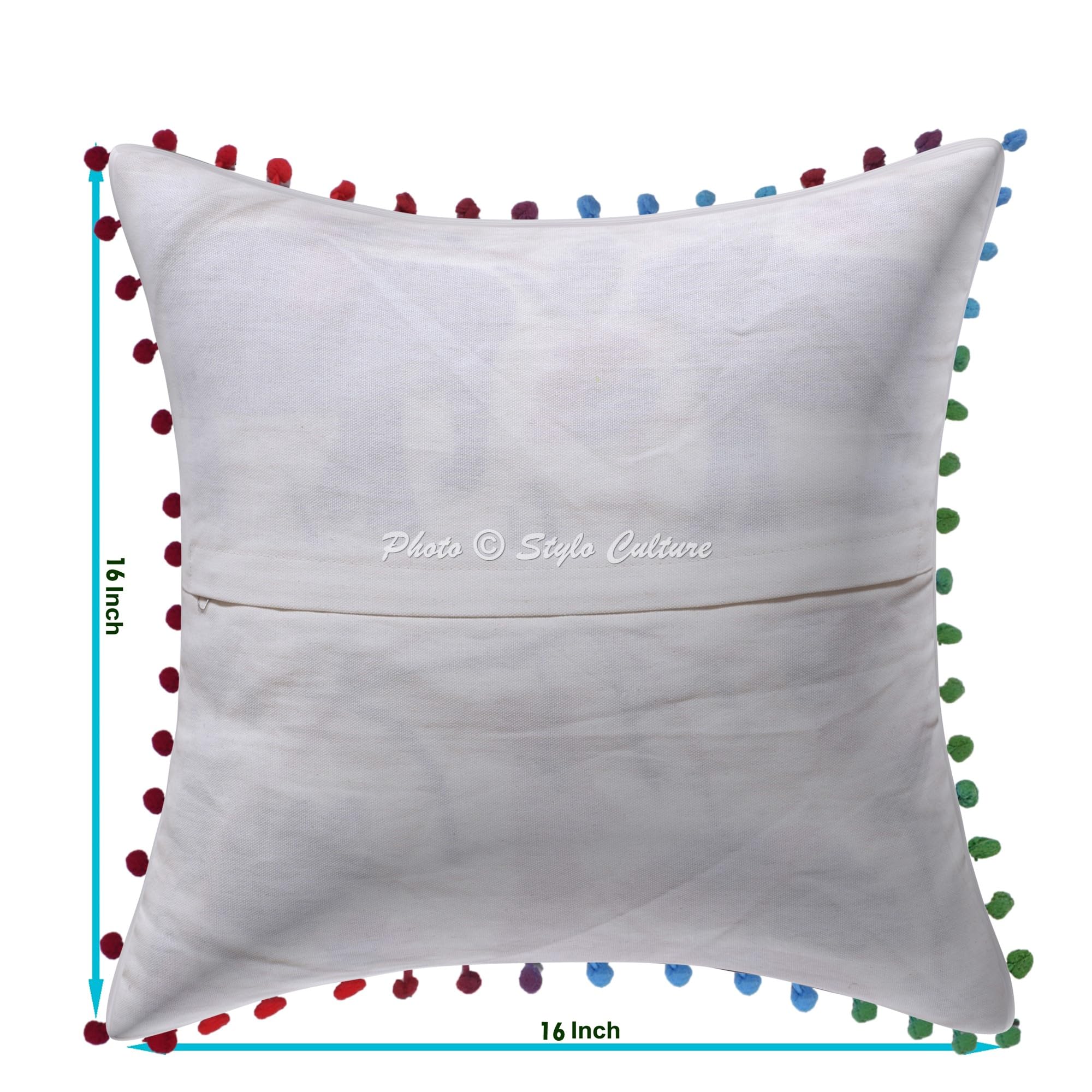 Indische Dekorativ Baumwolle Sofa Kissenbezüge 40x40 cm Weiß Dekokissen Suzani Bestickte Pom-Pom-Spitze Wohnzimmer Couch Kissenhullen Blumen Quadrat Reißverschluss Kissen Bezüge - 4 Stk.