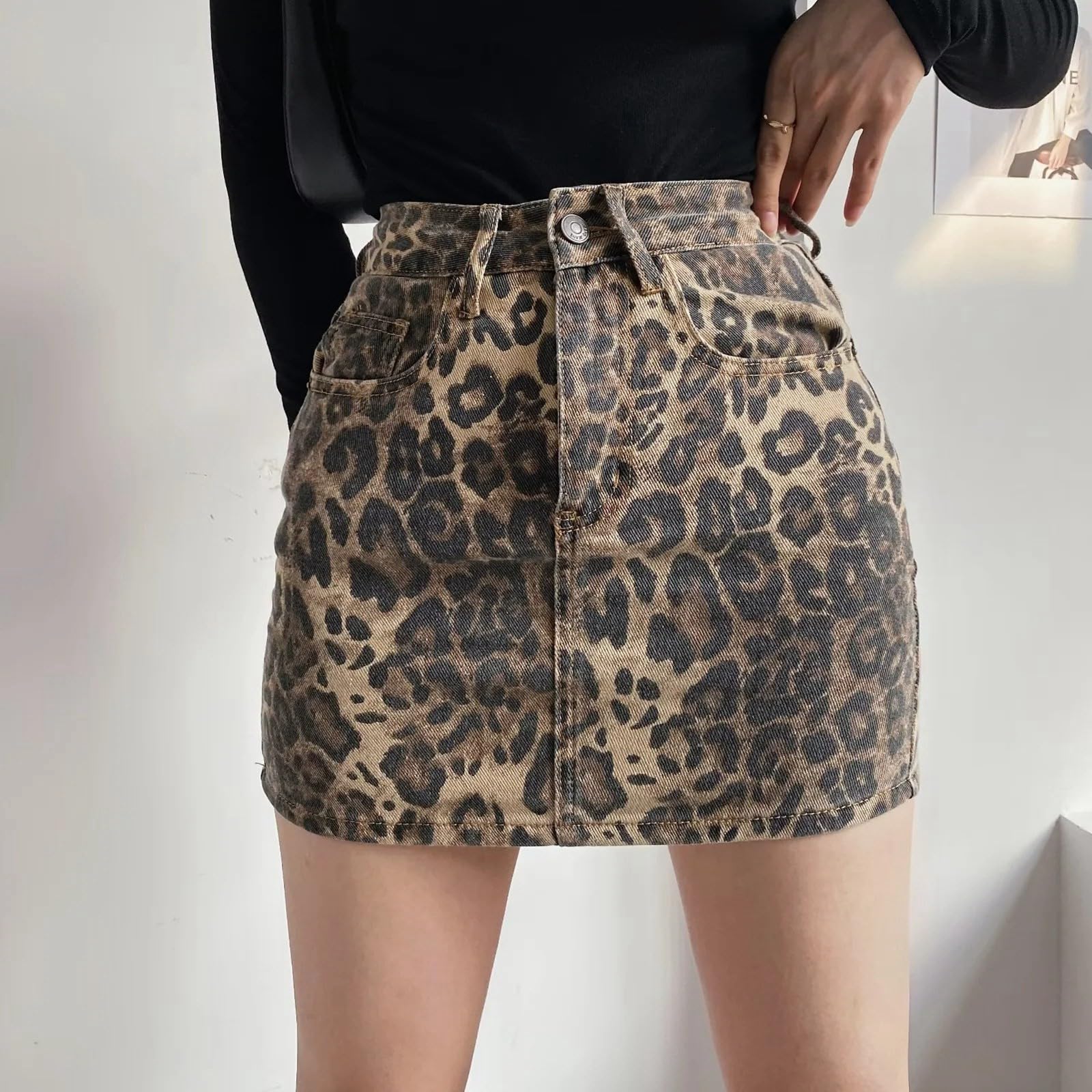 Categoría de producto Falda 1 | Título del producto Minifalda de línea A con estampado de leopardo alto | Falda patinadora de mezclilla con volantes para mujeres de moda