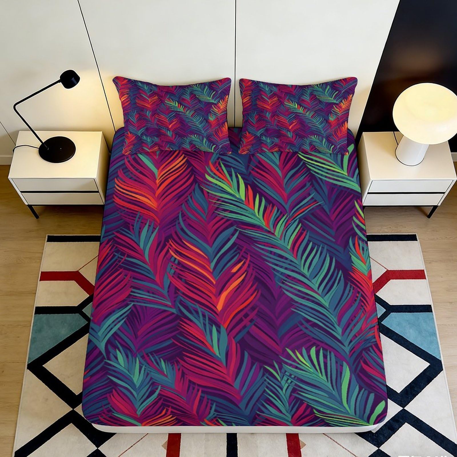3D Printed Tropical Leaves Fitted Sheet Microfiber Soft Breathable Colorful Palm Pattern Mattress Cover for Bedroom Dormitory Guest Room Protection Decor 140x200x25cm