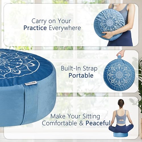 Miniatura 8 de Hihealer Cojín de meditación, almohada grande de terciopelo Zafu para adultos y mujeres, cómoda almohada de yoga con relleno tradicional de trigo