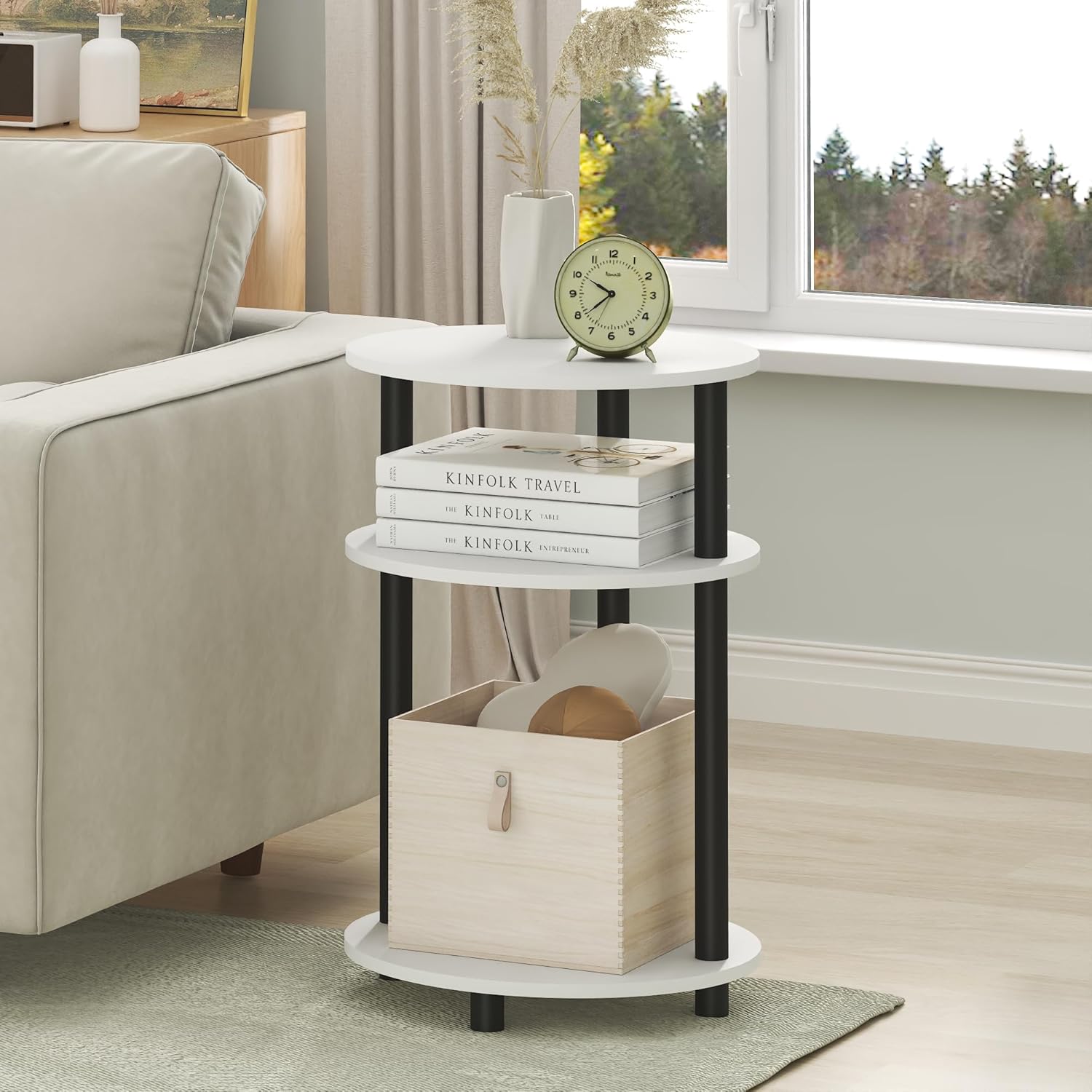 Furinno Turn-N-Tube Side Table, 3-Tier Oval End Table, Night Stand, Bedside Table, for Living Room, Bedroom, White/Black