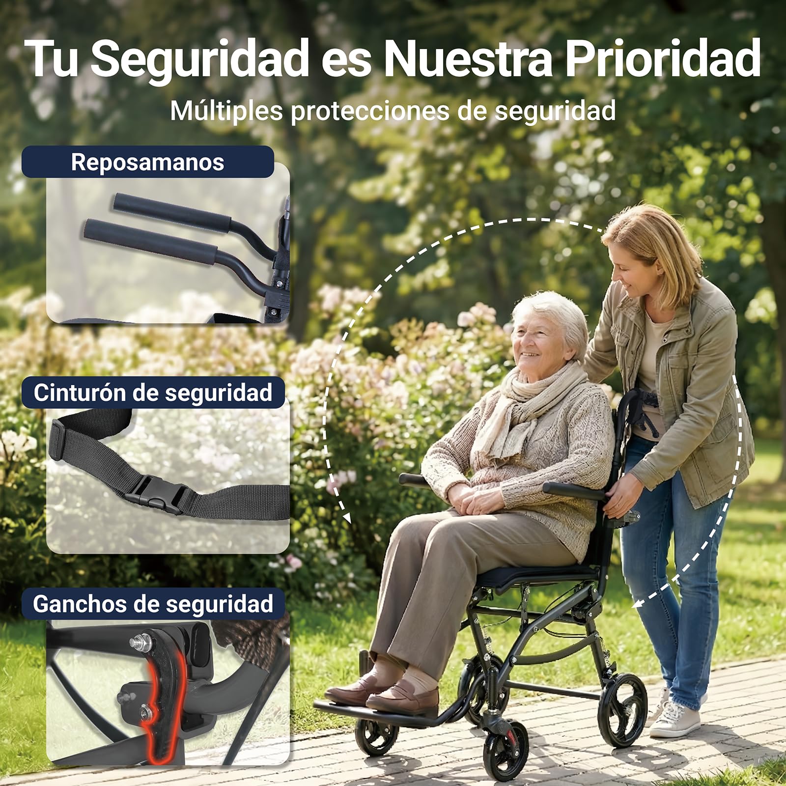 Silla de Ruedas Plegable y Ligera, Carrozzina de Transporte para Mayores y Personas con Movilidad Reducida, Con Frenos Manuales, Reposapiés Extraíbles y Diseño Compacto (Black) | Silla de ruedas plegable con altura ajustable, asas ergonómicas, ruedas de 3