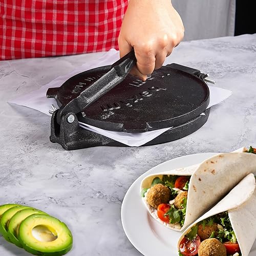 Miniatura 6 de Prensa para tortillas, máquina para hacer tortillas de hierro fundido pre-sazonado con mango y pasadores, plancha de prensa de tortillas de grado