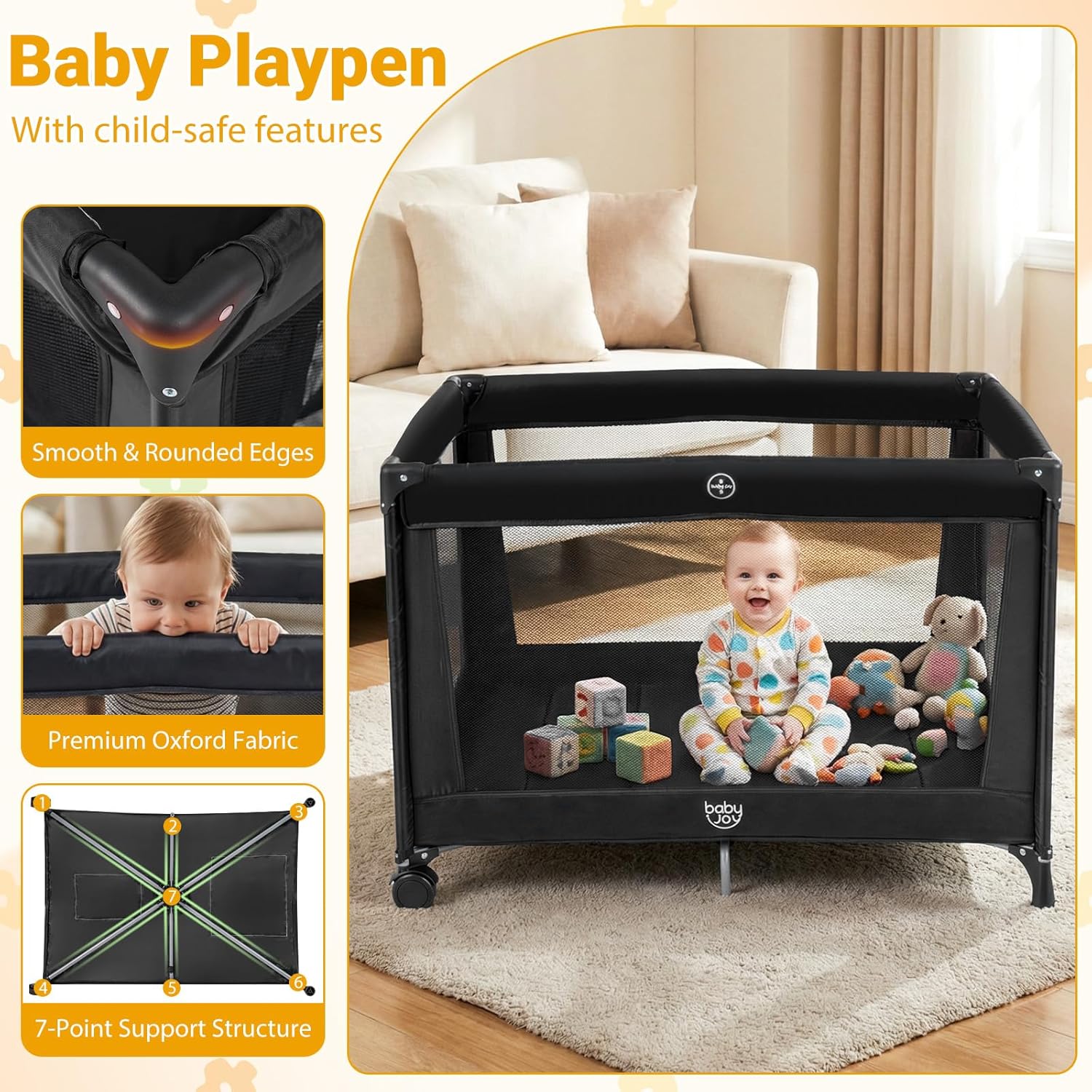 BABY JOY Pack and Play with Bassinet, Portable Playard for Baby, Double Layer Foldable Baby Playpen with Mattress, Lightweight Travel Crib with Bassinet & Carry Bag from Newborn to Toddlers