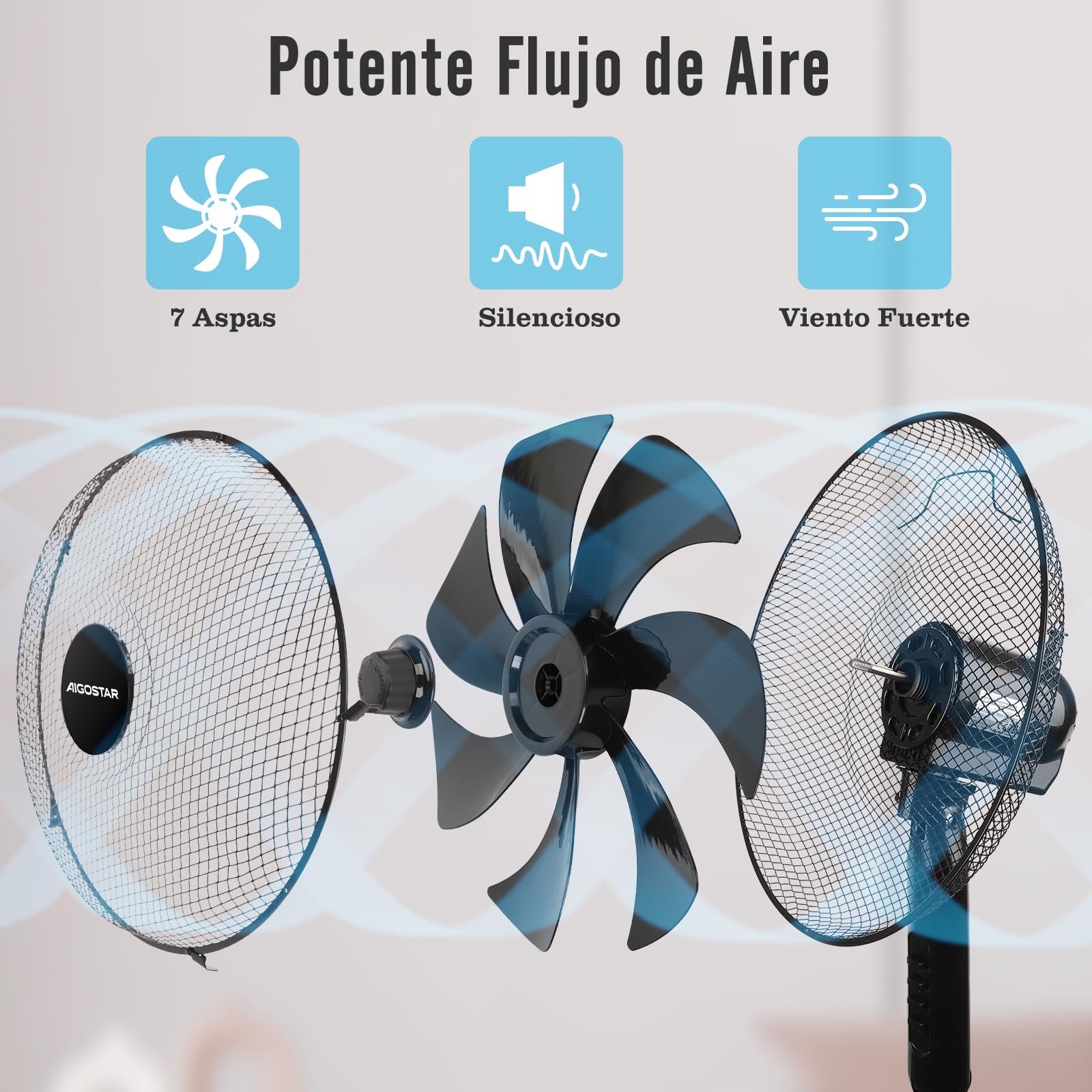 Aigostar Ventilador de Pie con 7 aspas, 50W, diámetro 41 cm. Ventilador de pie silencioso oscilante 75°, 3 Velocidades y altura ajustable 108-125cm. Silencioso para dormir. Color Negro. Elsie