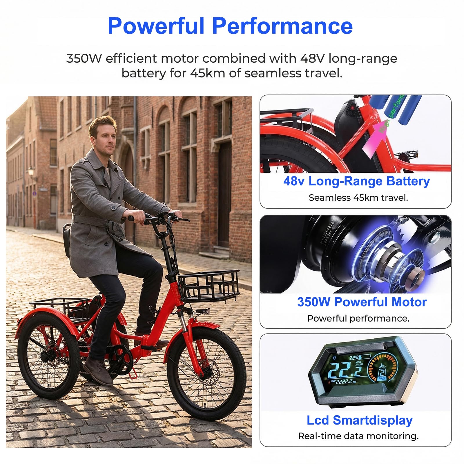 Tricycle électrique pliable pour adulte - 50,8 cm - Batterie 48 V 13 Ah - Portée de 45 km - Capacité de charge de 200 kg - Double frein - Écran LCD - Panier de grande capacité - Rouge