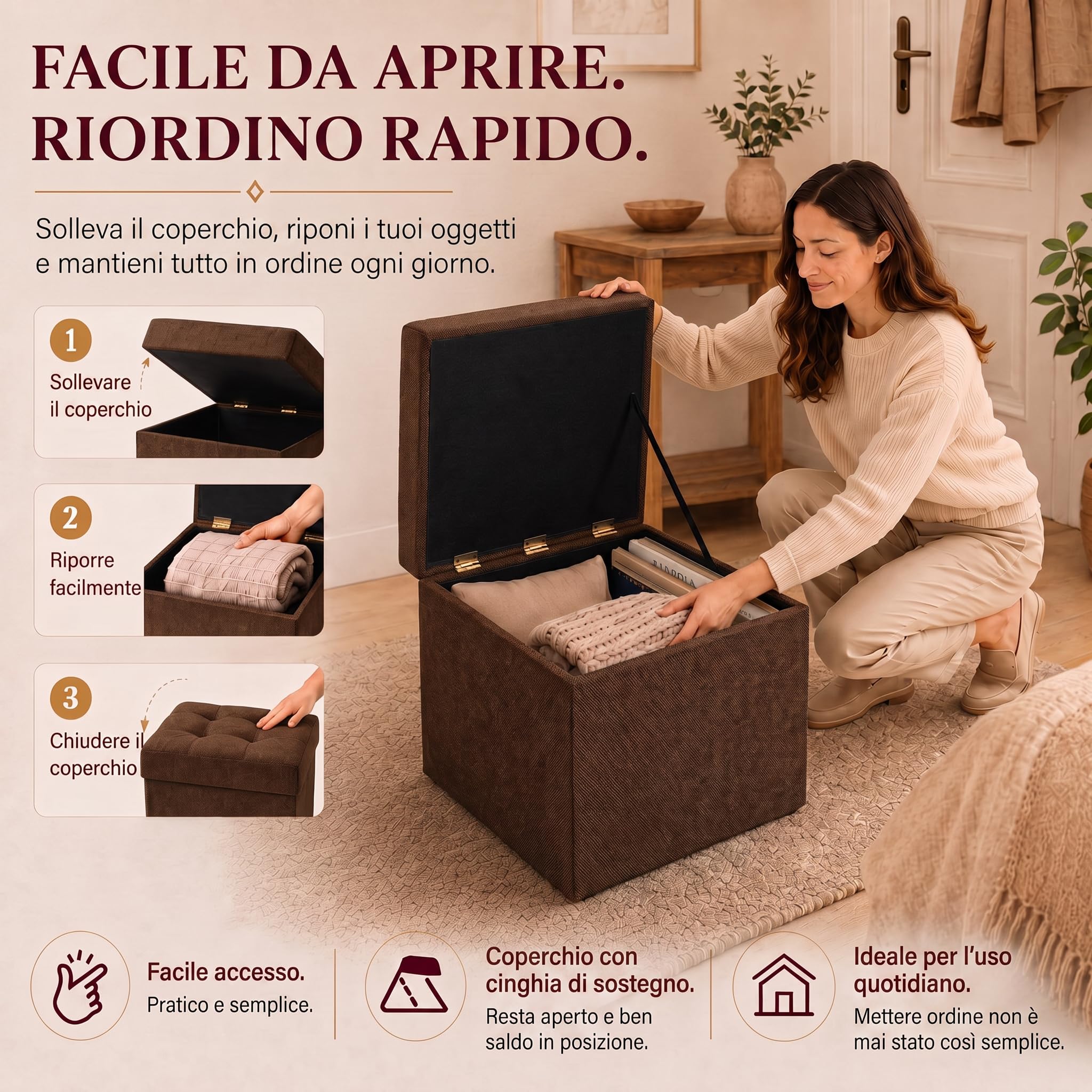 VELORA H&L Pouf Contenitore 45 x 45 cm Marrone scuro – Pouf Imbottito in Tessuto con Vano Portaoggetti, Portata fino a 150 kg, per Soggiorno, Camera da Letto e Ingresso